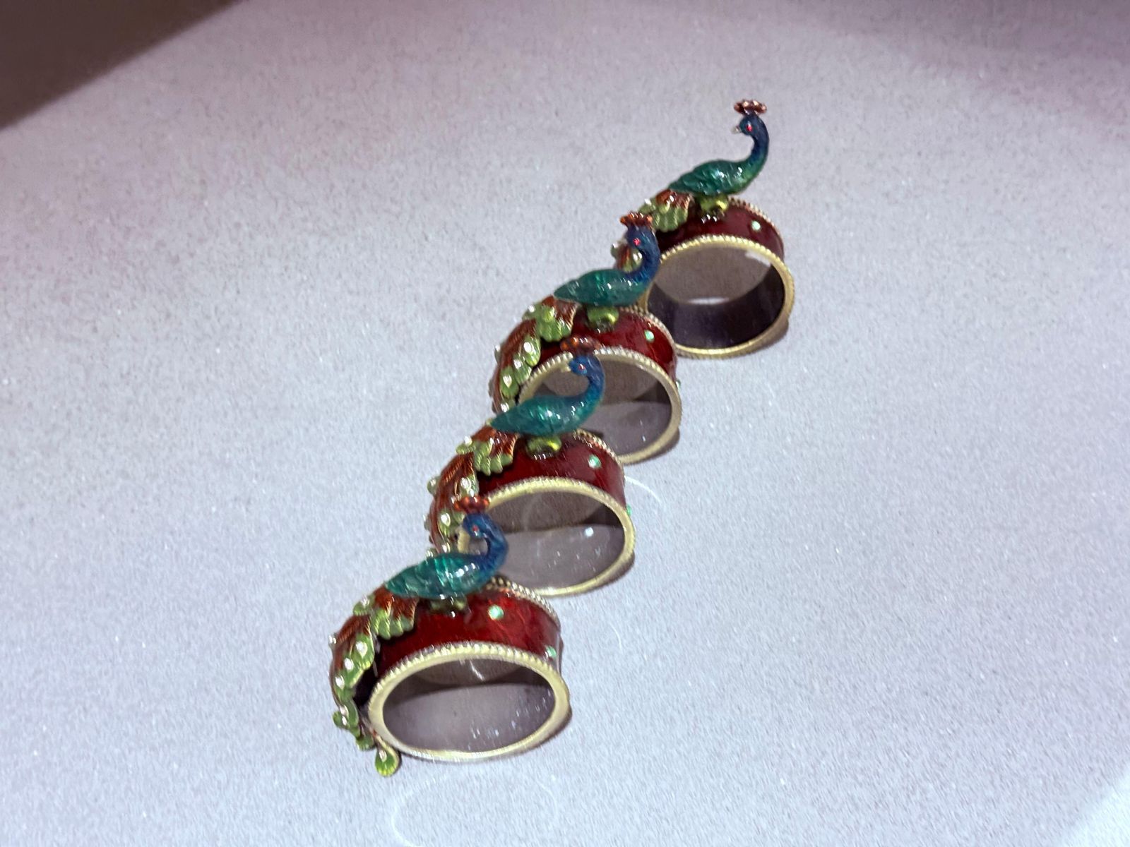 Antique Peacock Napkin Rings & Jewl Set Of 4, Exotic Luxury Dining Accents photo vintage