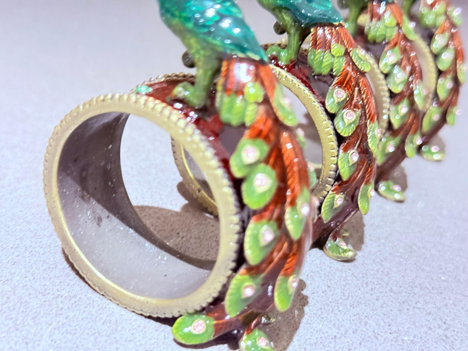 photo vinterior Antique Peacock Napkin Rings & Jewl Set Of 4, Exotic Luxury Dining Accents