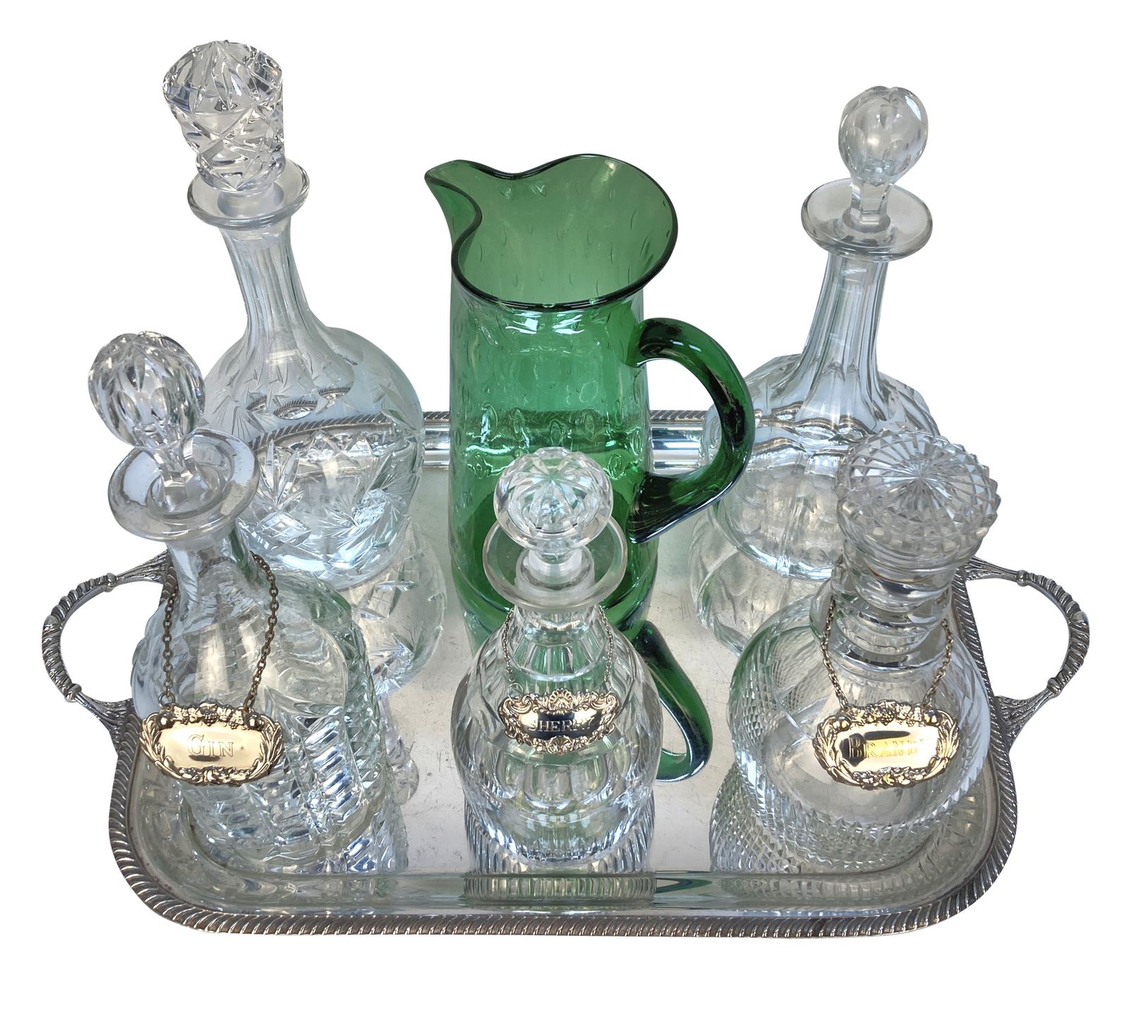A Silver Drinks Tray With Five Decanters & A Green Glass Jug photo furniture