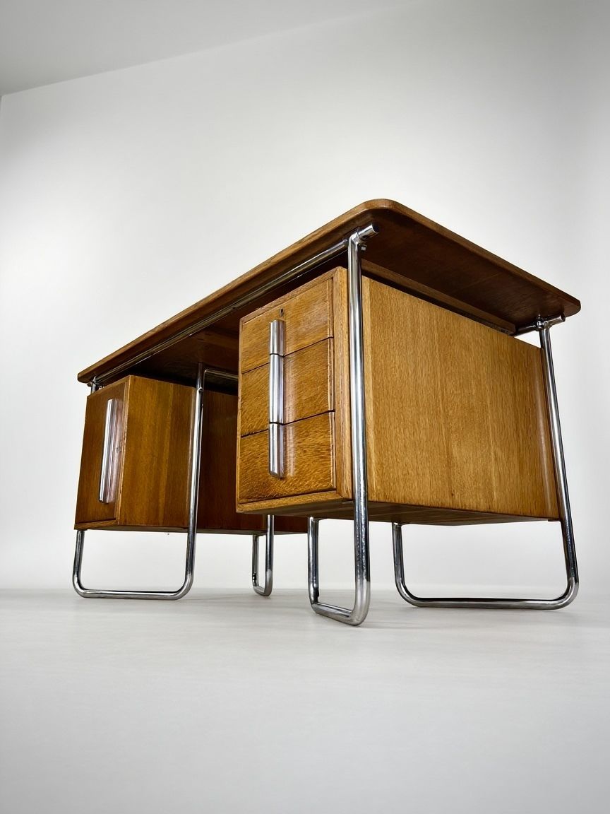 Oliver Percy Bernard For Pel Modernist Oak And Chrome Executive Desk, British C. 1931