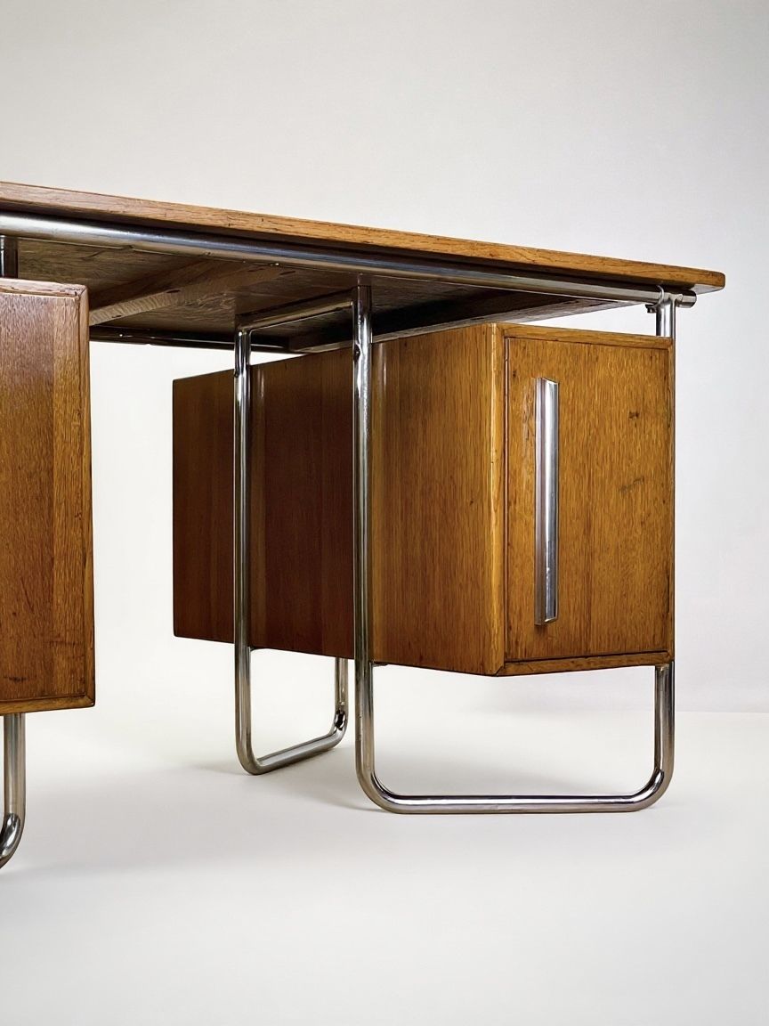 Furniture Oliver Percy Bernard For Pel Modernist Oak And Chrome Executive Desk, British C. 1931 photo