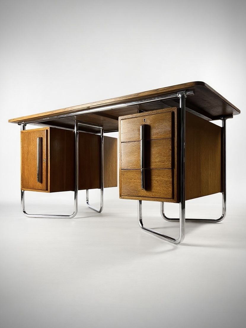 photo vintage Oliver Percy Bernard For Pel Modernist Oak And Chrome Executive Desk, British C. 1931