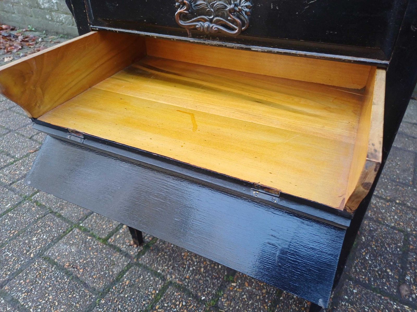 photo furniture Vintage Black Painted Music Chest, 1910s Sheet Music Cabinet With Ornate Handles, Tall Narrow Storage, Antique Storage Solution Papers Etc