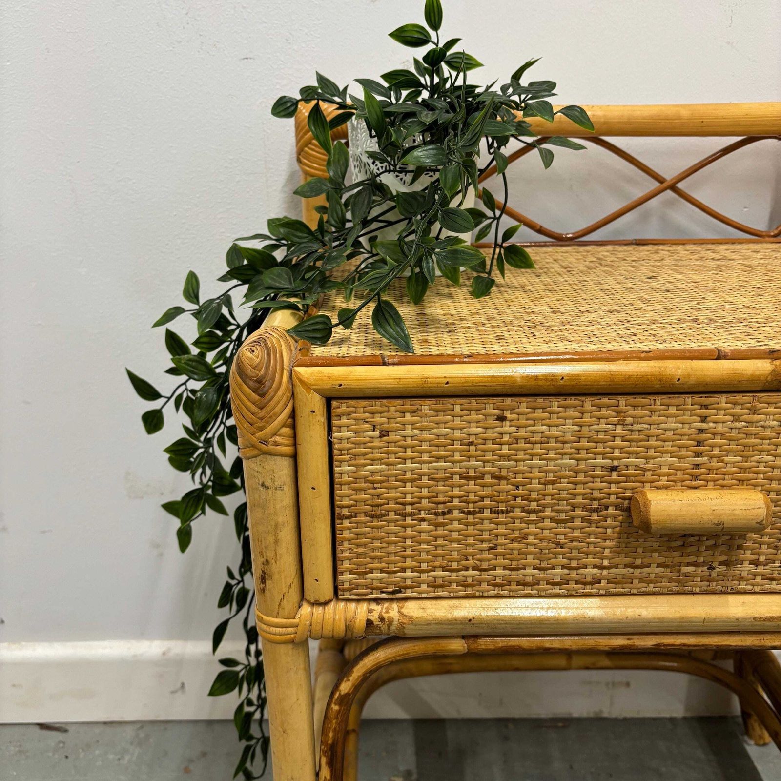 Pair Of Vintage Rattan Bedside Tables, Boho Bamboo Nightstands With Drawers, Woven Cane Side Tables, Coastal Bedroom Furniture Set photo furniture