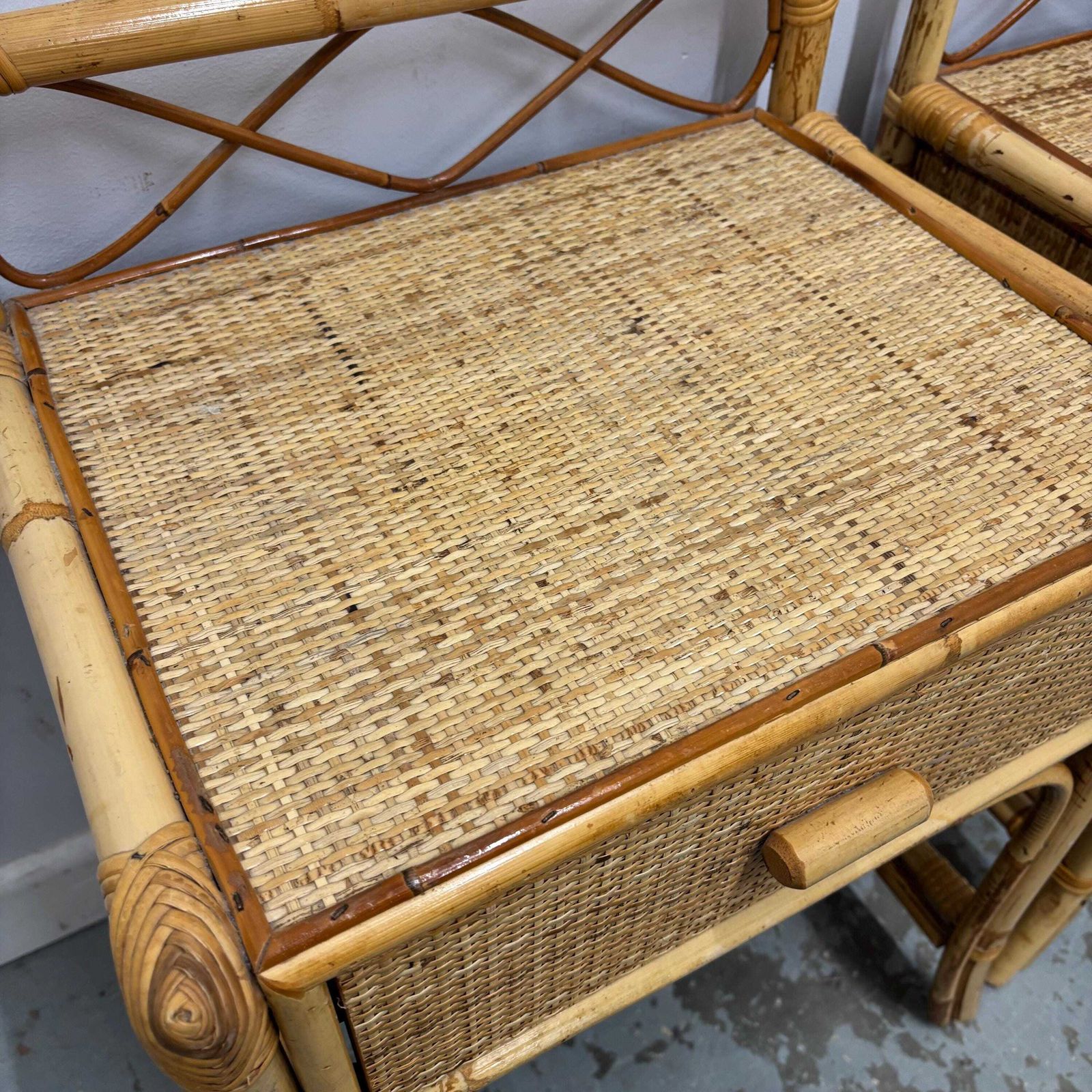 Pair Of Vintage Rattan Bedside Tables, Boho Bamboo Nightstands With Drawers, Woven Cane Side Tables, Coastal Bedroom Furniture Set photo Furniture