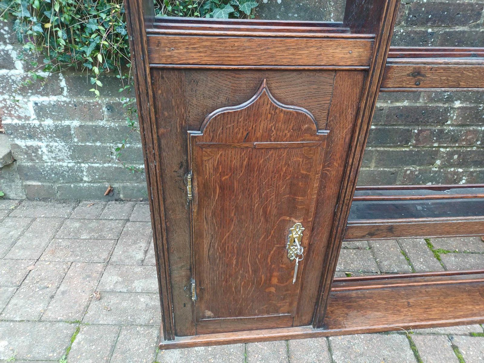 Massive Vintage Oak Wall Plate Rack With Side Cupboards Large Antique Kitchen Shelf, Solid Oak Hanging Dresser Top, 1800s photo vinterior