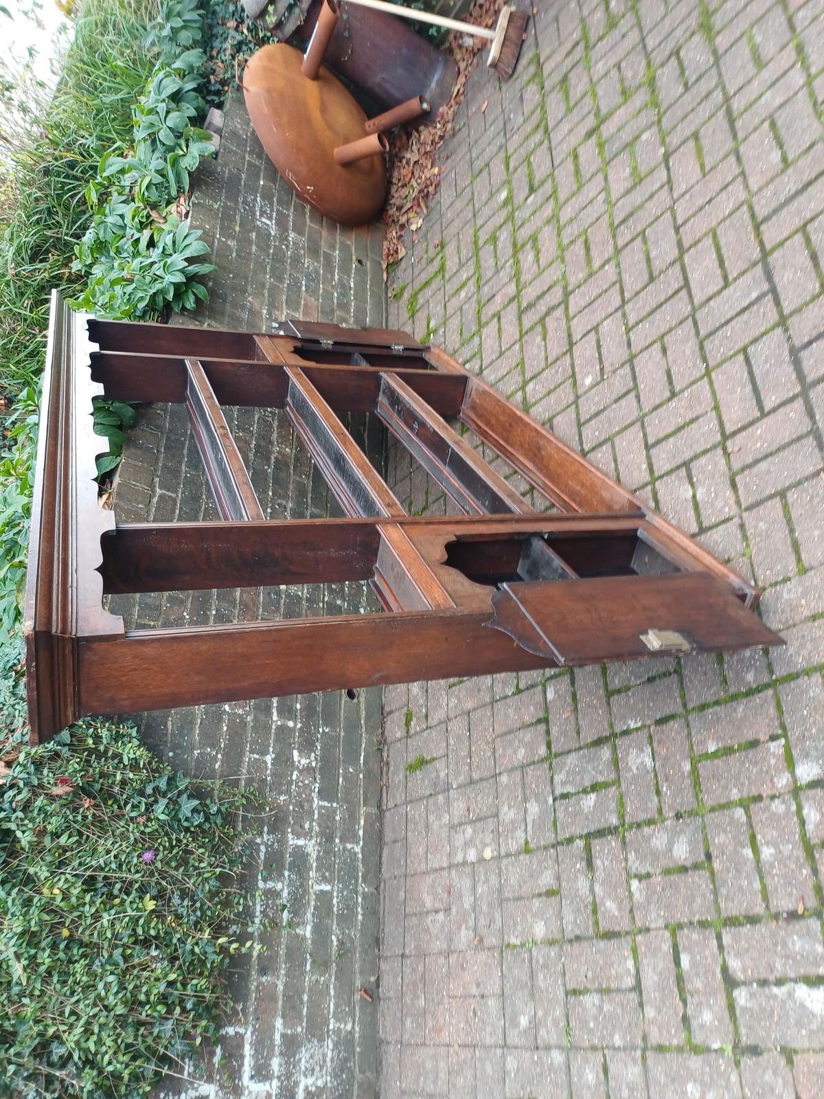 photo for sale Massive Vintage Oak Wall Plate Rack With Side Cupboards Large Antique Kitchen Shelf, Solid Oak Hanging Dresser Top, 1800s