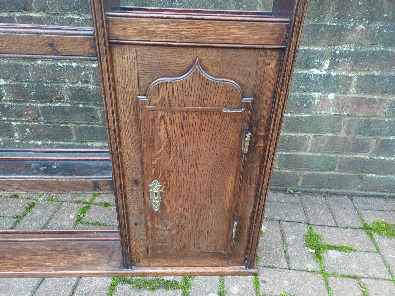 950.0 Massive Vintage Oak Wall Plate Rack With Side Cupboards Large Antique Kitchen Shelf, Solid Oak Hanging Dresser Top, 1800s photo