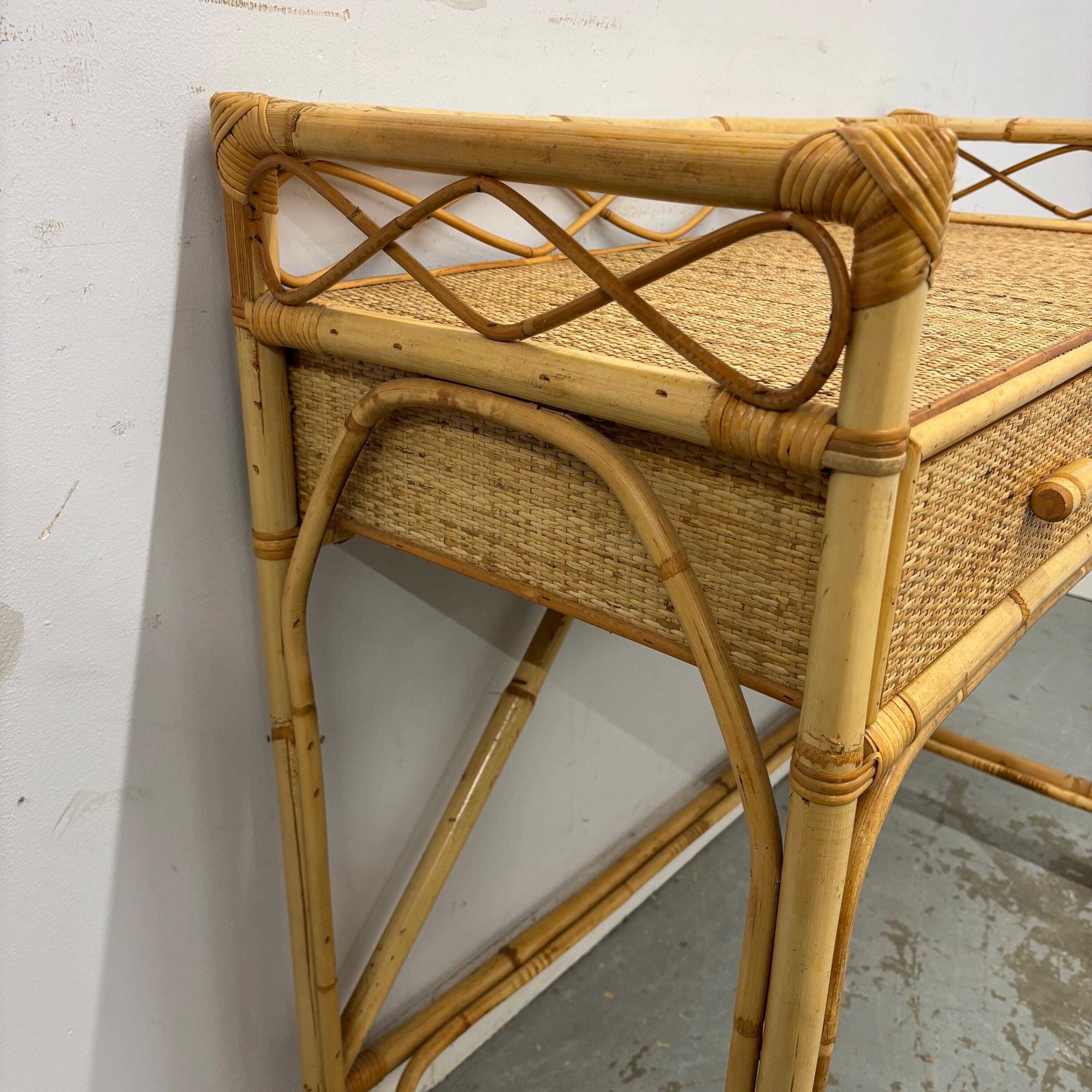 Vintage Bamboo Rattan Console / Dressing Table With Drawers, Boho Woven Cane Table, Natural Coastal Furniture, Lightweight Hall Table photo for sale