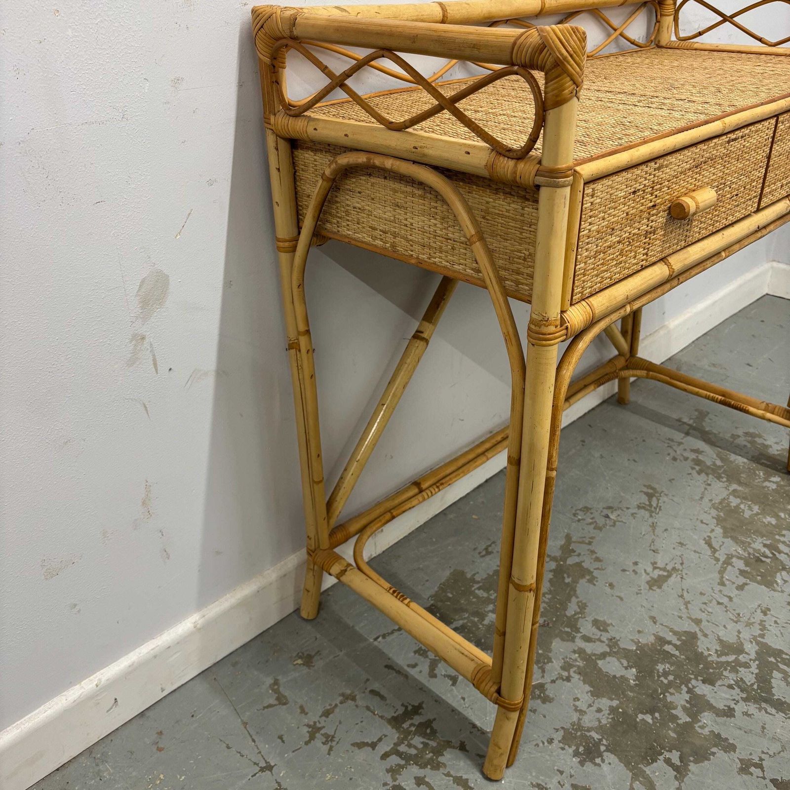 Vintage Bamboo Rattan Console / Dressing Table With Drawers, Boho Woven Cane Table, Natural Coastal Furniture, Lightweight Hall Table photo 345.0
