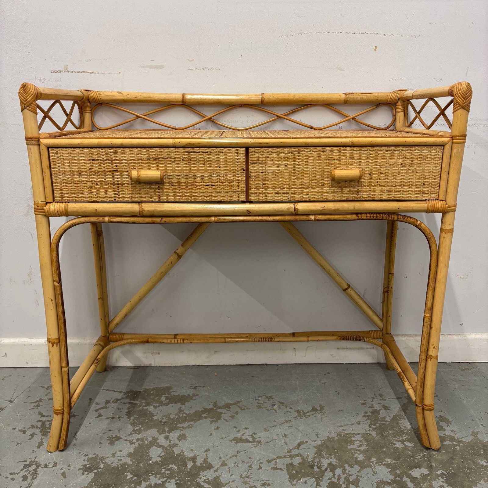 photo vinterior Vintage Bamboo Rattan Console / Dressing Table With Drawers, Boho Woven Cane Table, Natural Coastal Furniture, Lightweight Hall Table