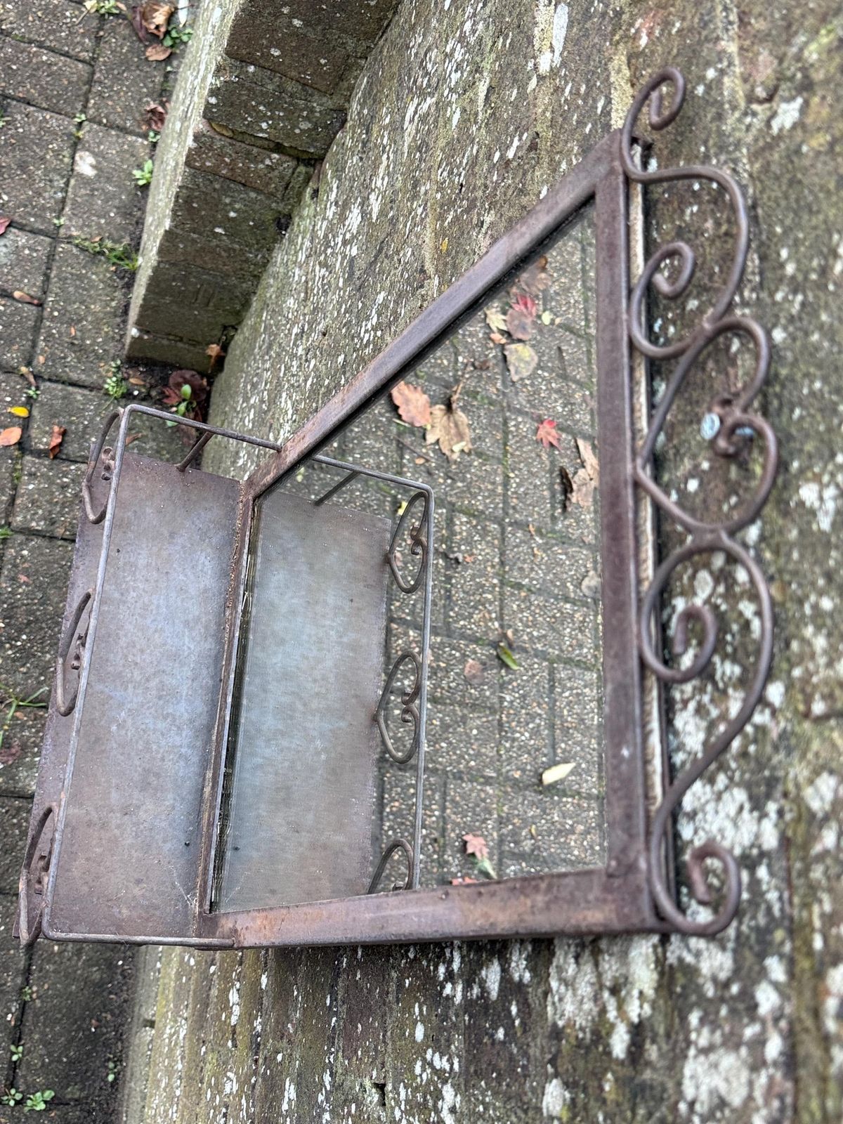 photo furniture Rustic Vintage Metal Heart Wall Mirror With Shelf, Outdoor Or Indoor Metal Mirror, Boho French Country Home Décor (1)