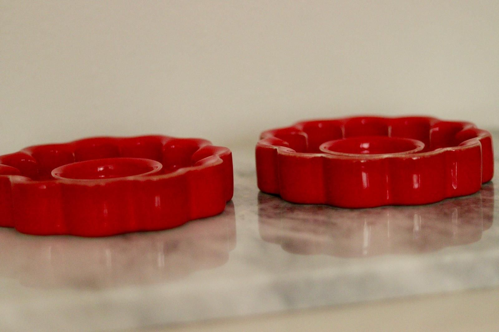 Pair Of Red Swedish Candle Holder Designed By Gustavsberg photo vinterior