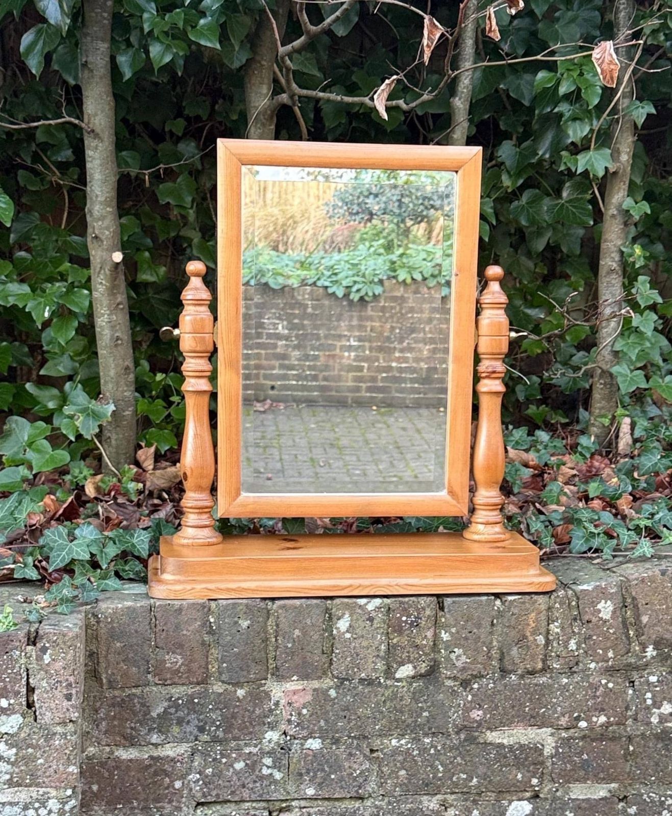 Vintage 1980s Wooden Swivel Dressing Table Mirror – Rustic Pine Country Farmhouse Vanity Décor