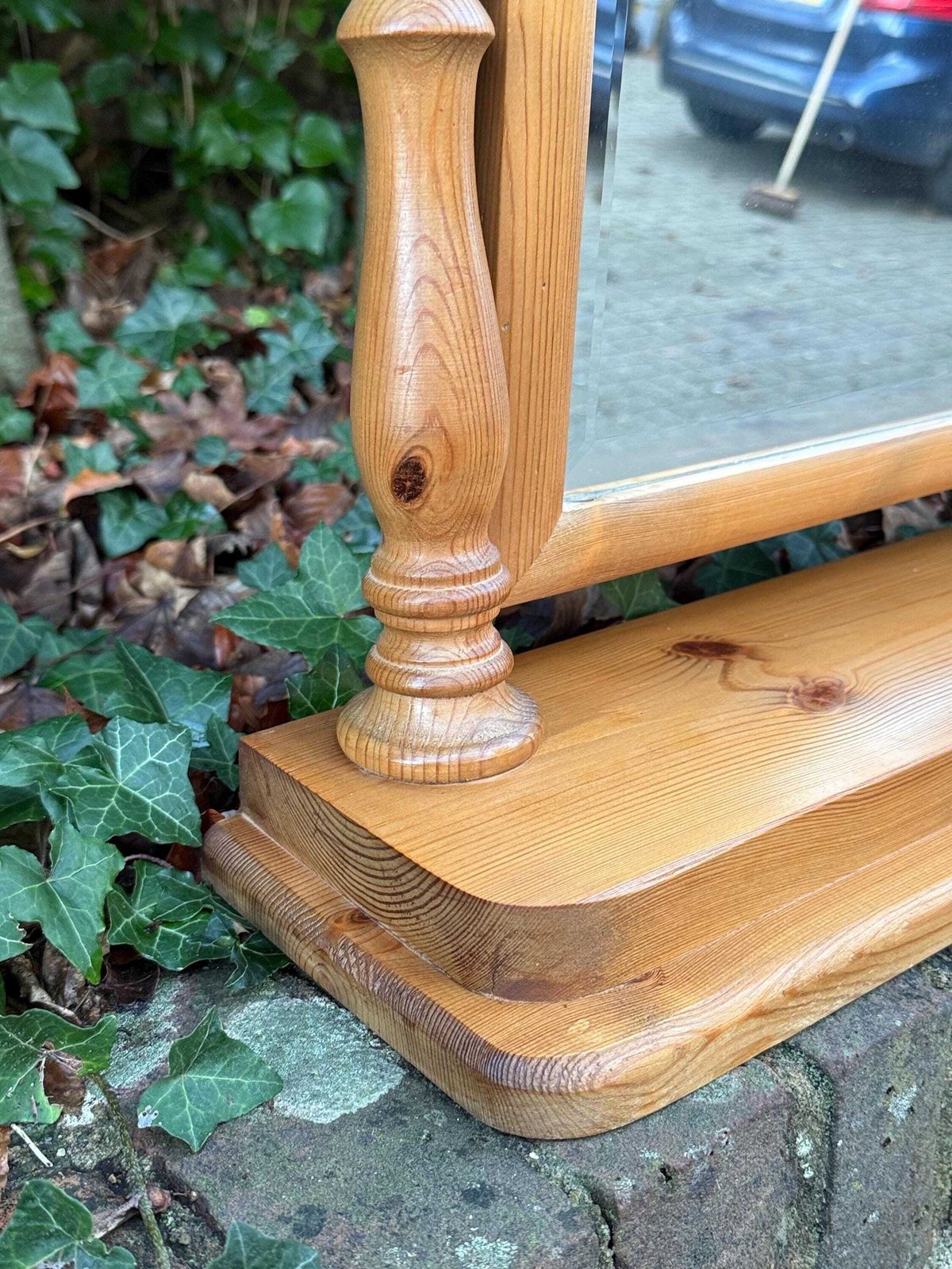 photo for sale Vintage 1980s Wooden Swivel Dressing Table Mirror – Rustic Pine Country Farmhouse Vanity Décor