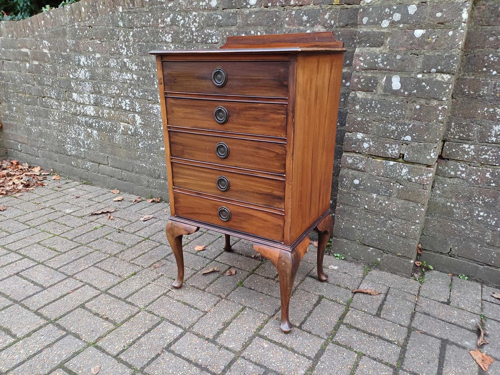 Antique Edwardian Music Chest C1910 On Cabriole Legs – Mahogany Sheet Music Cabinet With 5 Slide Out Drawers & Gallery Top