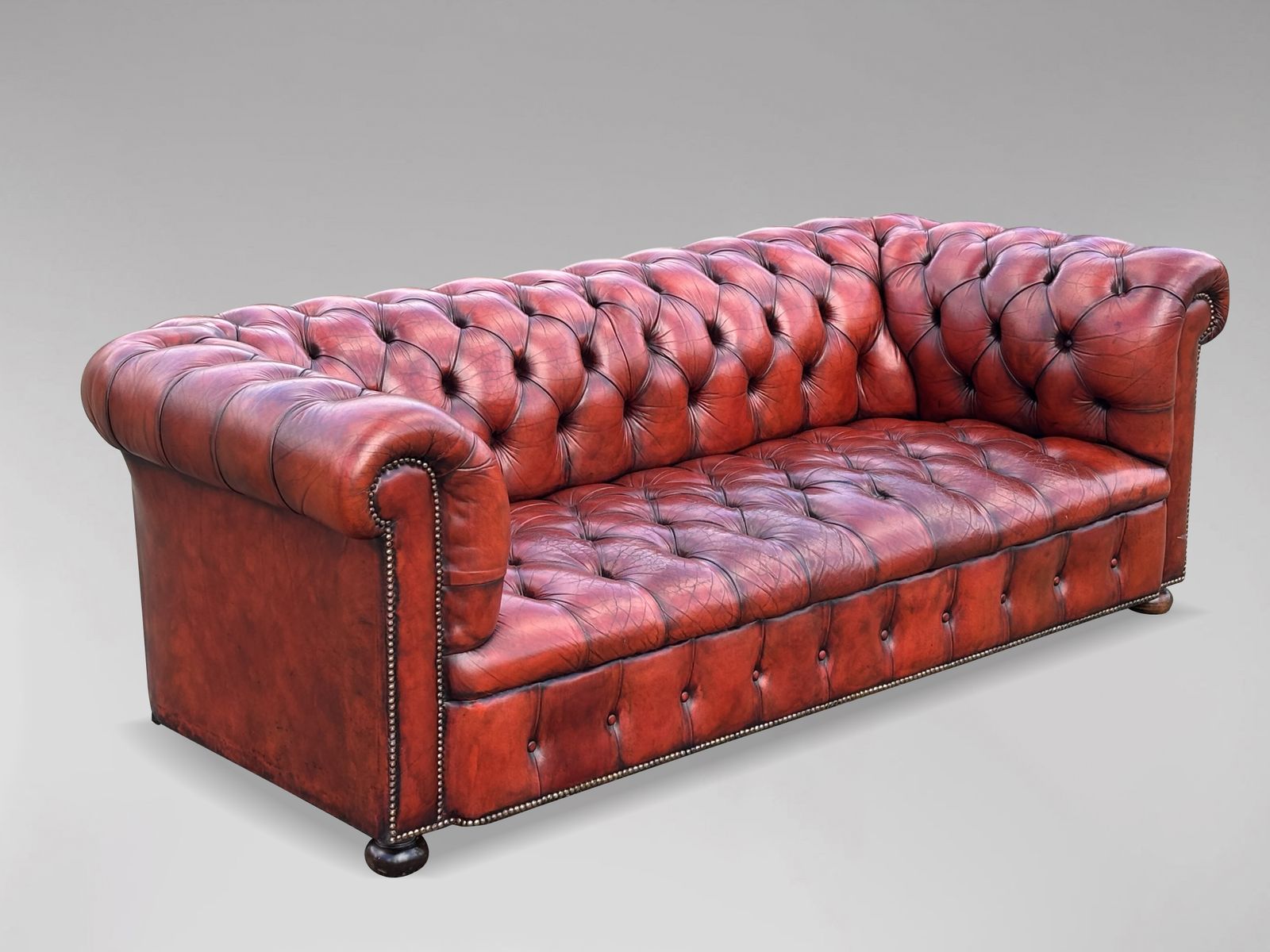 Early 20th Century Red Leather 3 Seater Chesterfield Sofa