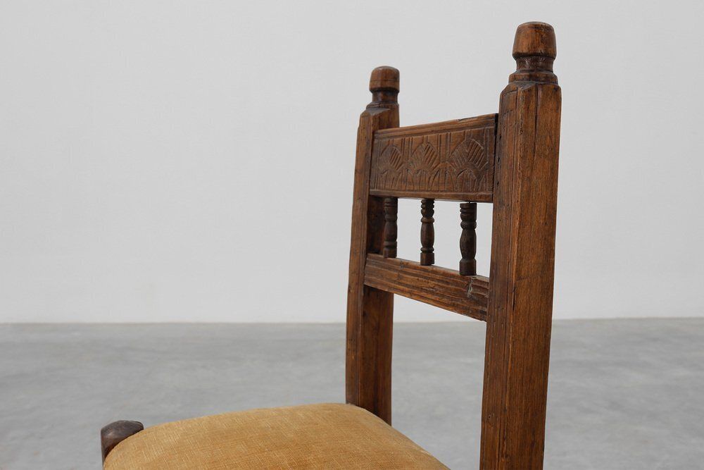 Spanish Hand Carved Oak Side Chair With Velour Seat, 19th Century photo furniture
