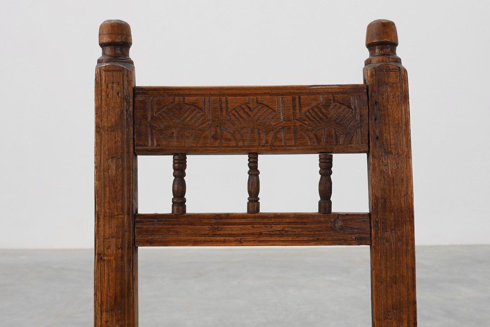 Spanish Hand Carved Oak Side Chair With Velour Seat, 19th Century photo vintage