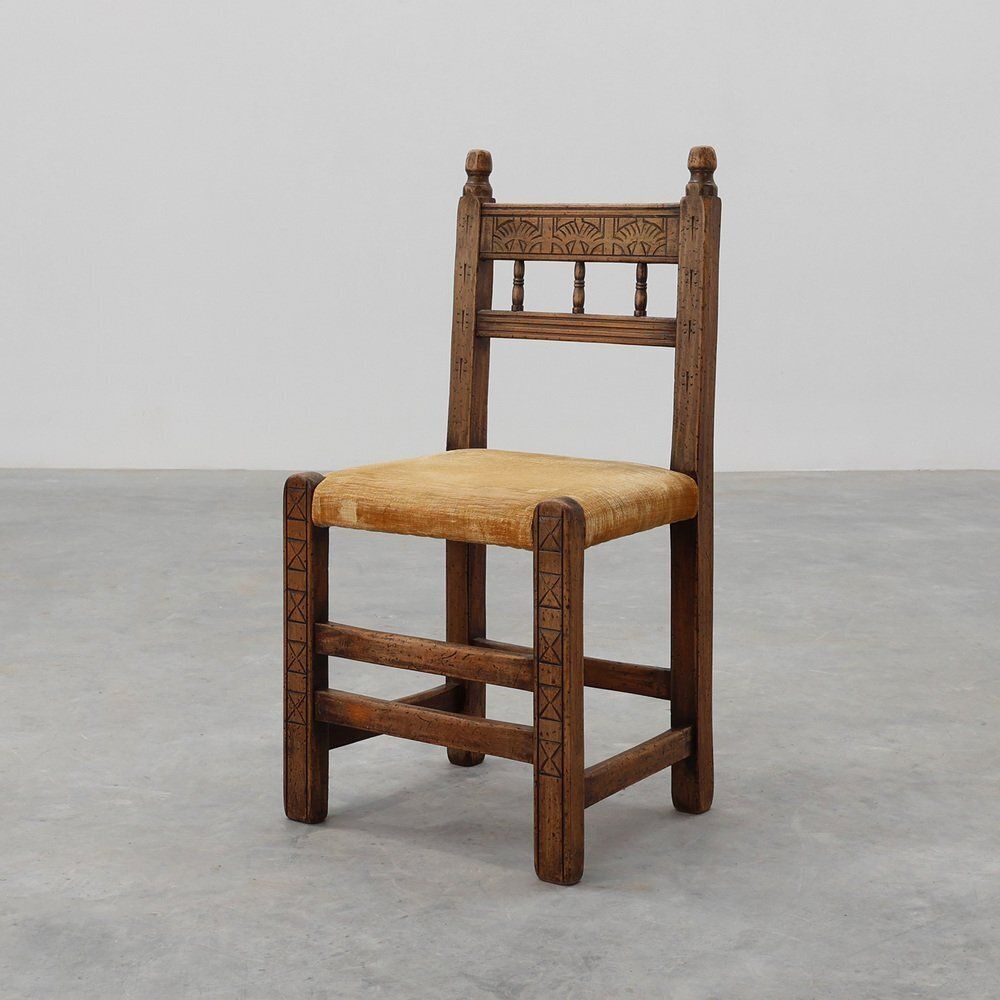 Spanish Hand Carved Oak Side Chair With Velour Seat, 19th Century