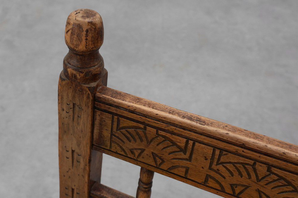 Furniture Spanish Hand Carved Oak Side Chair With Velour Seat, 19th Century photo