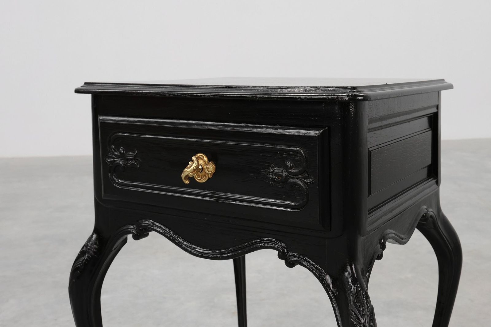 Louis XV Style Nightstands In Black Lacquered Oak, France, 1950s, Set Of 2 photo furniture