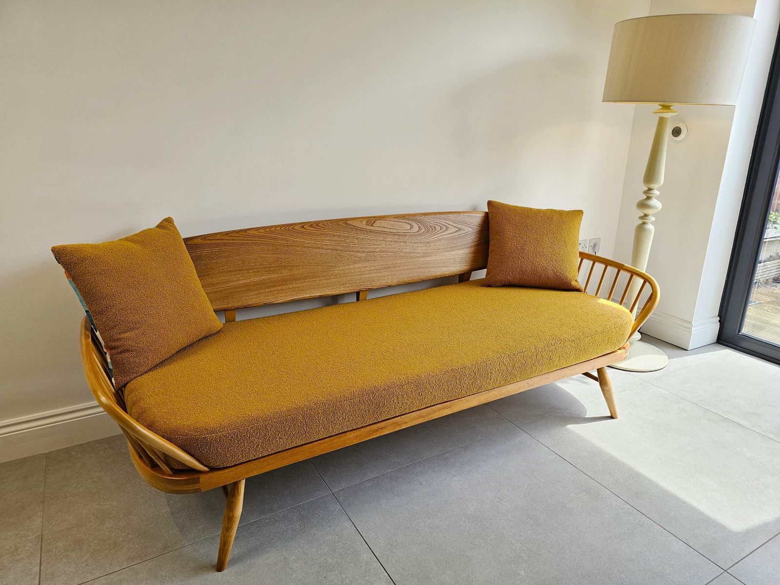 photo buy Ercol 355 Studio Couch/Daybed, Fully Restored With Saffron Boucle Seat Cushion And Optional Scatter Cushions.