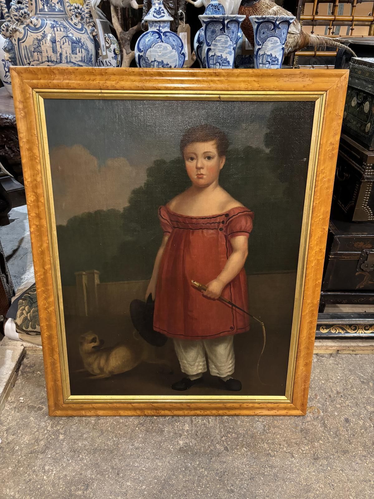 19th Century American Oil On Canvas Of A Boy With Dog