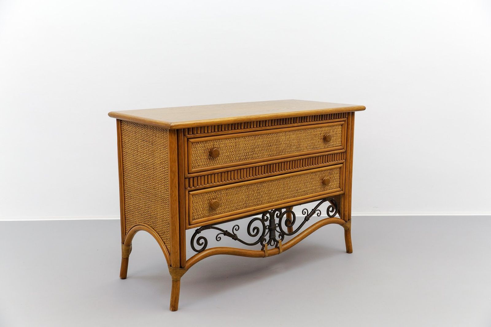 Italian Chest Of Drawers Made Of Rattan And Wrought Iron, 1970s, Set Of 2 photo for sale