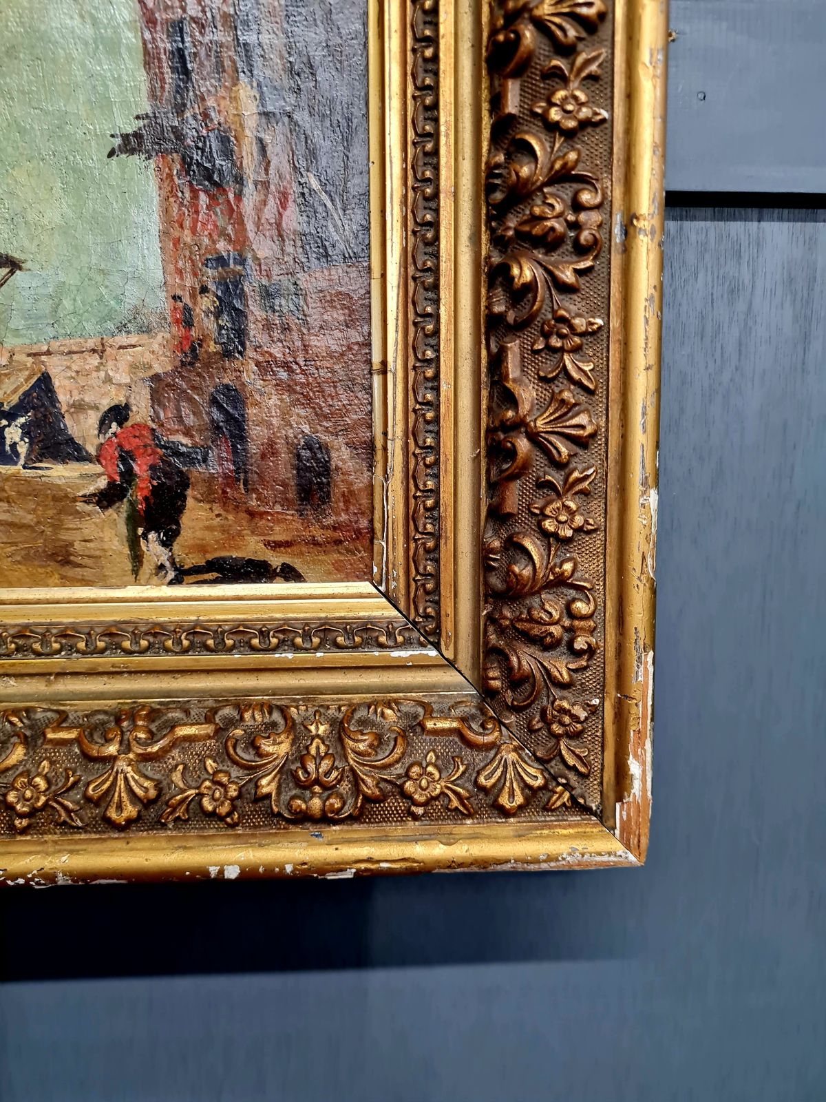 19th Century Continental Rustic Village Oil Painting In Original Gilt Frame C.1855–1875 photo furniture