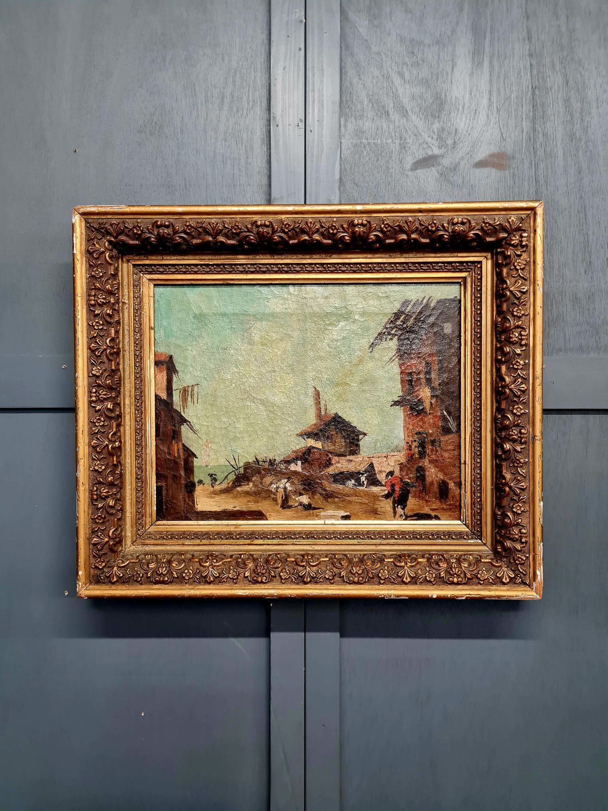 19th Century Continental Rustic Village Oil Painting In Original Gilt Frame C.1855–1875 photo Art