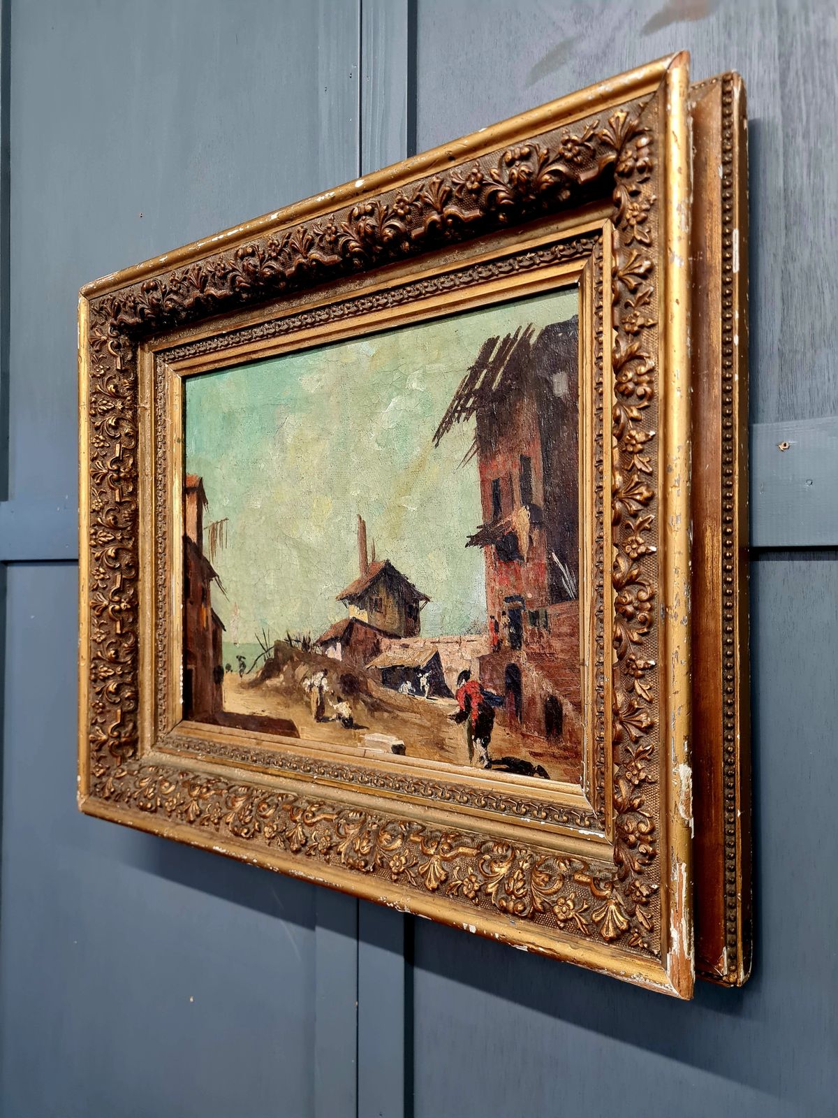 19th Century Continental Rustic Village Oil Painting In Original Gilt Frame C.1855–1875 photo 345.0