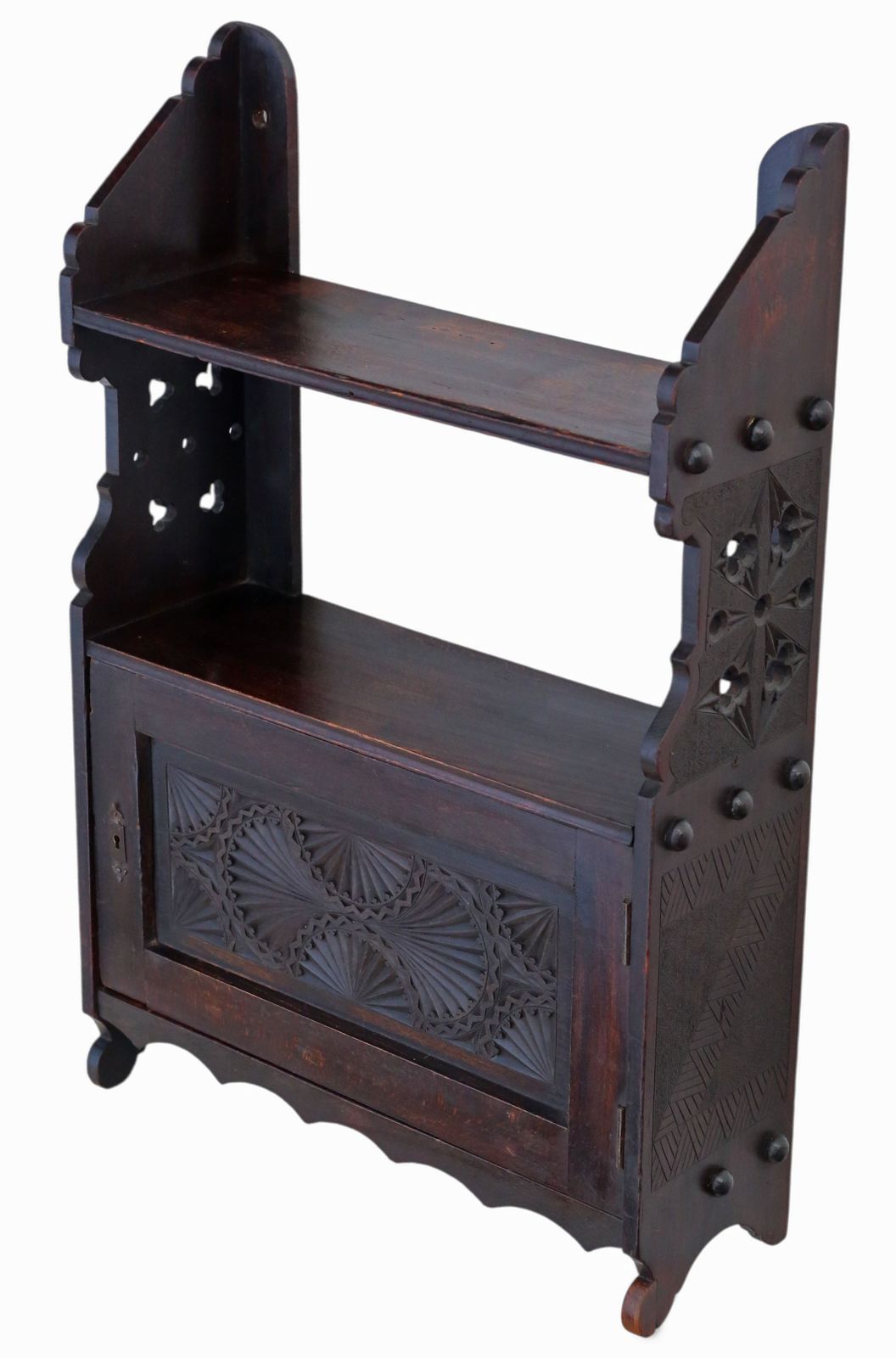 Antique 19th Century Victorian Gothic Oak & Beech Wall Cupboard / Bookcase Display Shelves – Quality