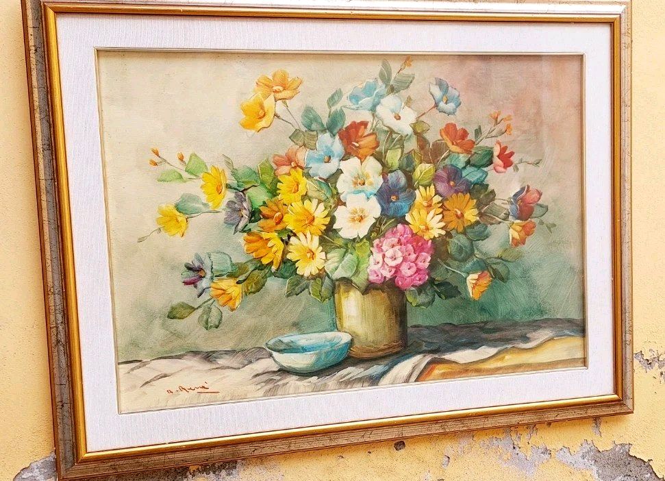 photo furniture Oil Painting On Canvas Flowers A. René 50x70 Cm 60s/70s