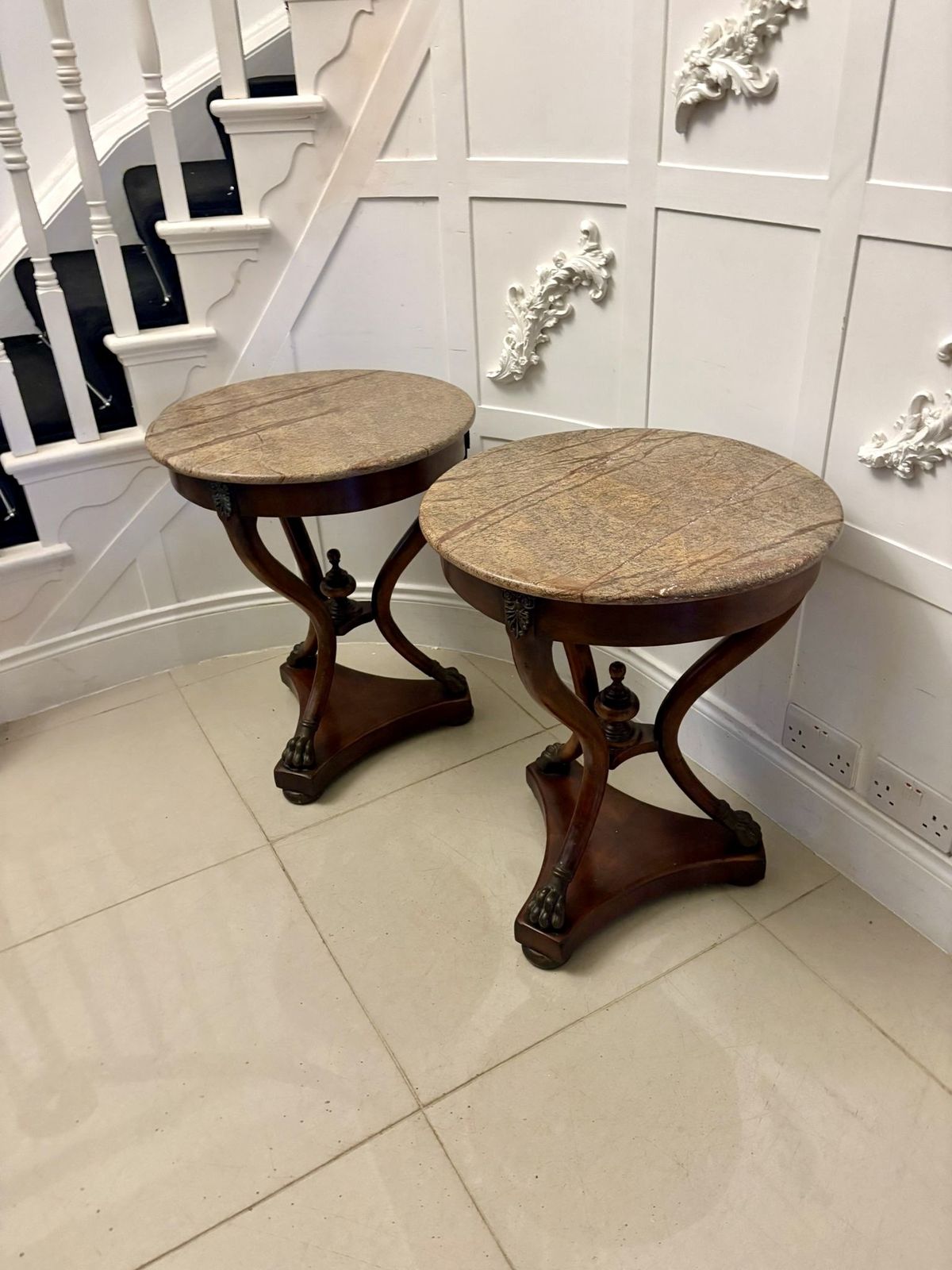 photo buy Antique Early 20th Century Quality Pair Of French Marble Top Gueridon Side Tables