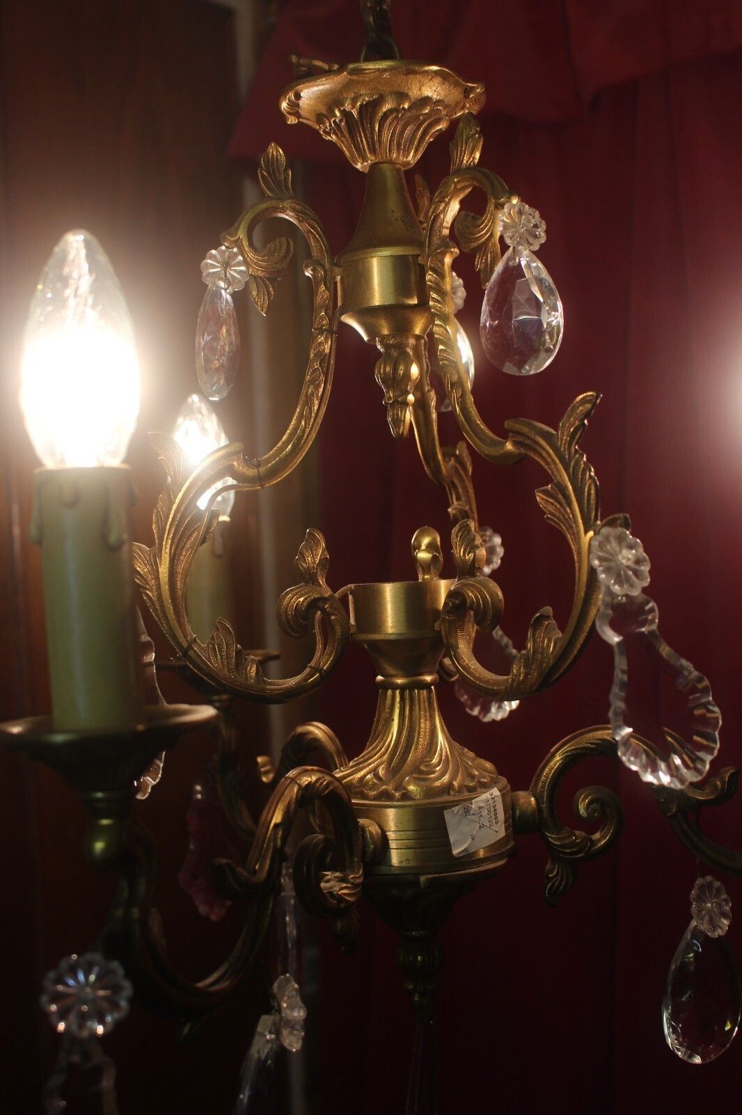 Antique French Bronze & Crystal Rococ 3 Arms Chandelier photo Lighting