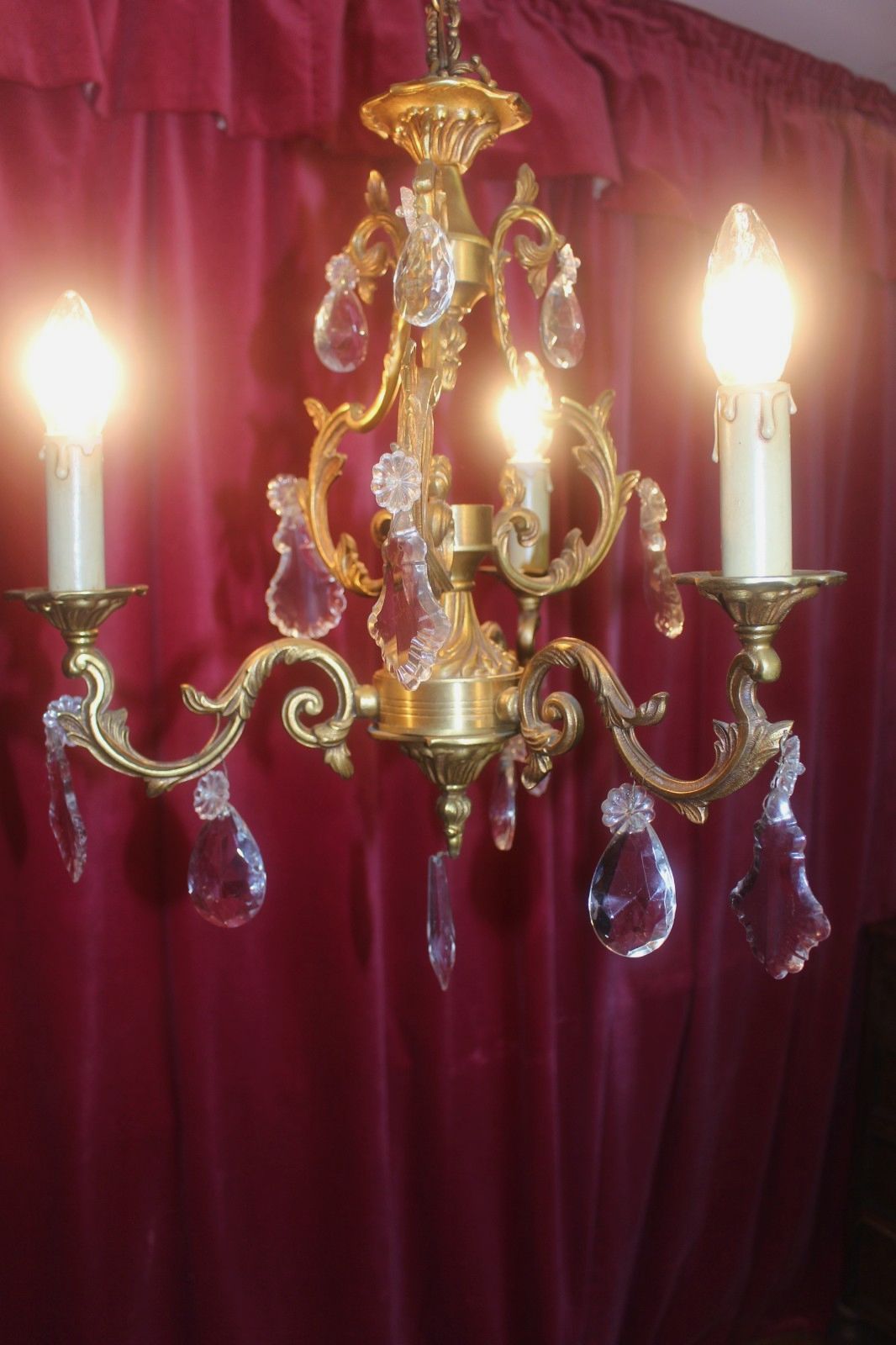 Antique French Bronze & Crystal Rococ 3 Arms Chandelier photo 221.0