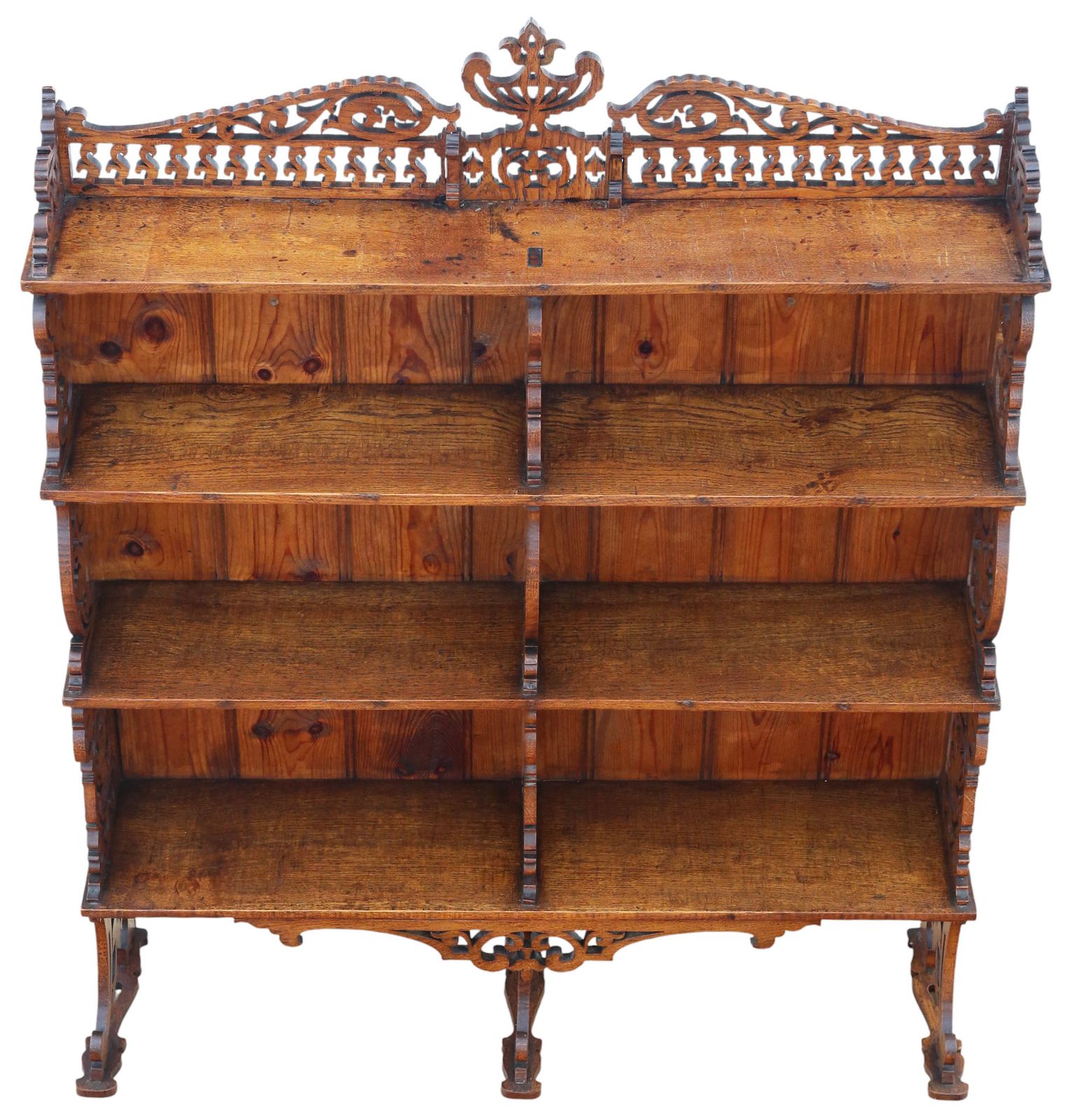 Antique C.1900 Oak Fret Cut Waterfall Bookcase – Wall Or Floor Standing, Fine Quality photo for sale