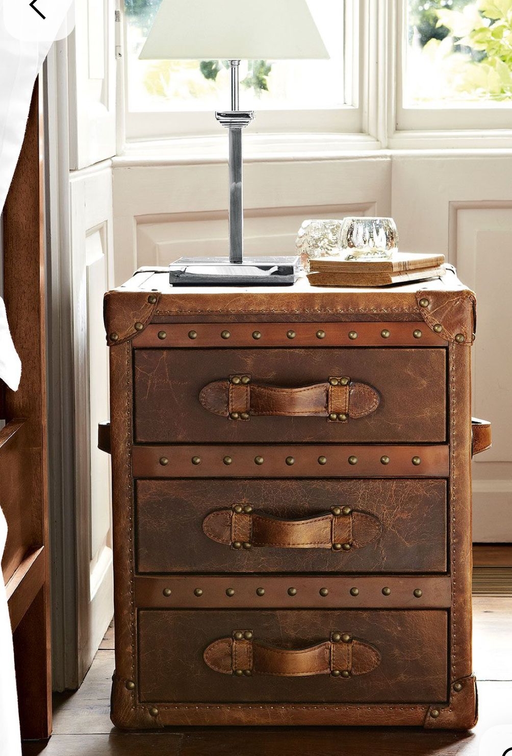 Feather & Black Leather Bedside Tables And Chest Of Drawers