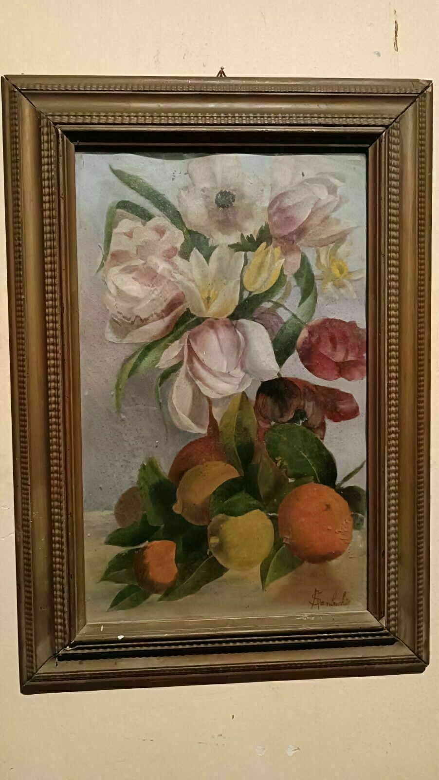 Oil Painting On Paper Depicting Flowers And Citrus Fruits   Signed A.Sambuchi photo furniture