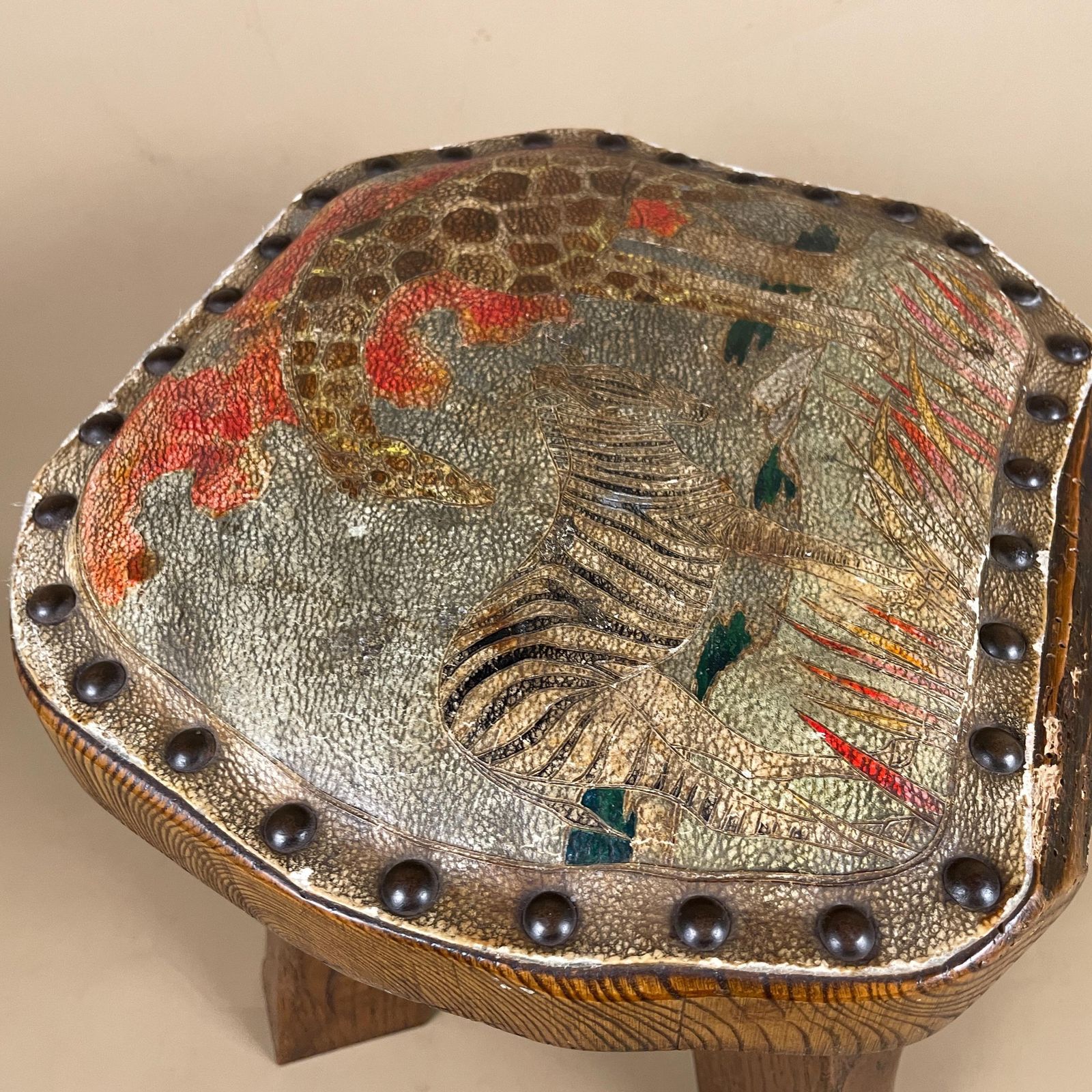Antique Wooden Foot Stool Wood Furniture Footstool Seat 35x30x28cm Hand Painted Animal Patterned Pattern Leather Studded Studs Old 3 Legs photo furniture