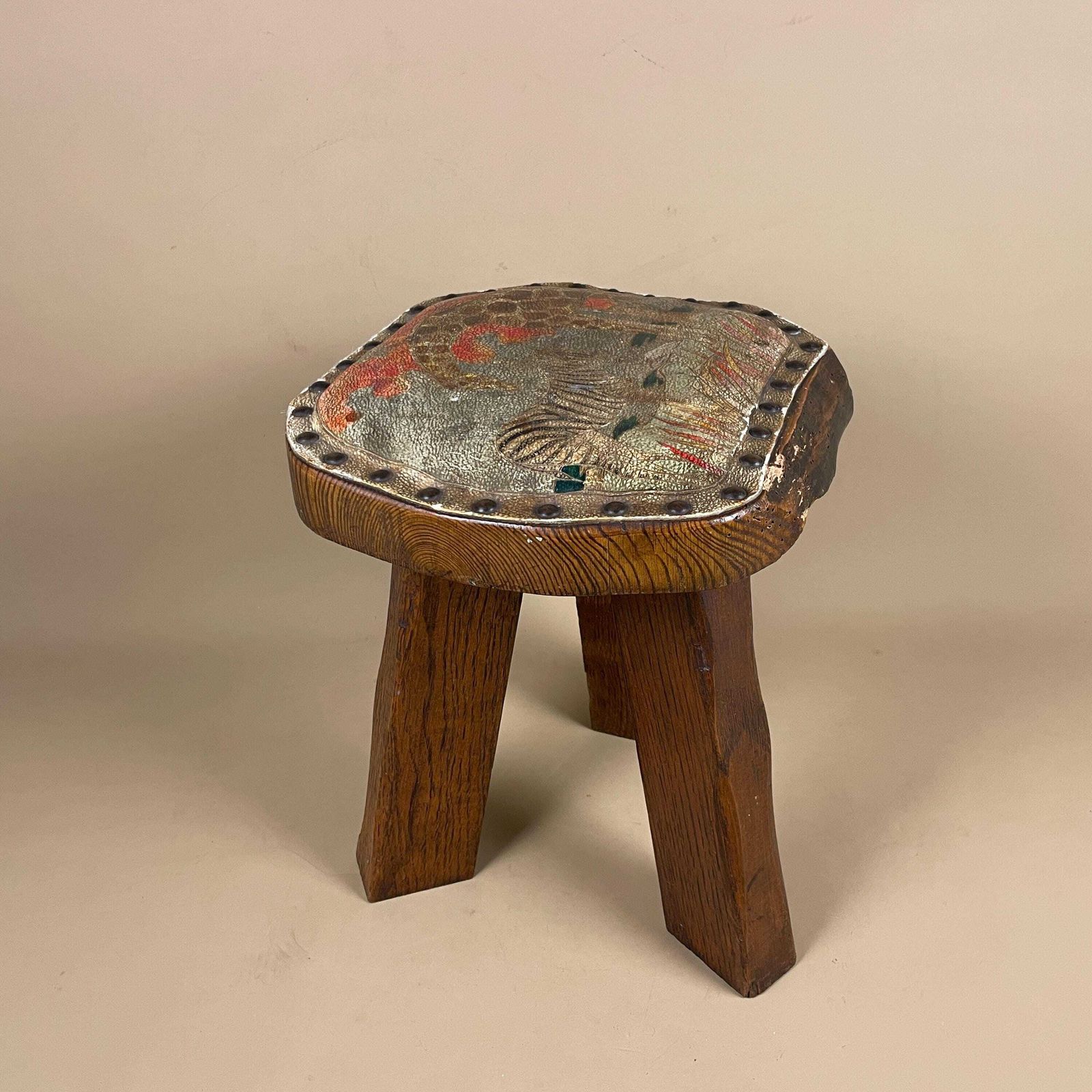 Antique Wooden Foot Stool Wood Furniture Footstool Seat 35x30x28cm Hand Painted Animal Patterned Pattern Leather Studded Studs Old 3 Legs photo for sale