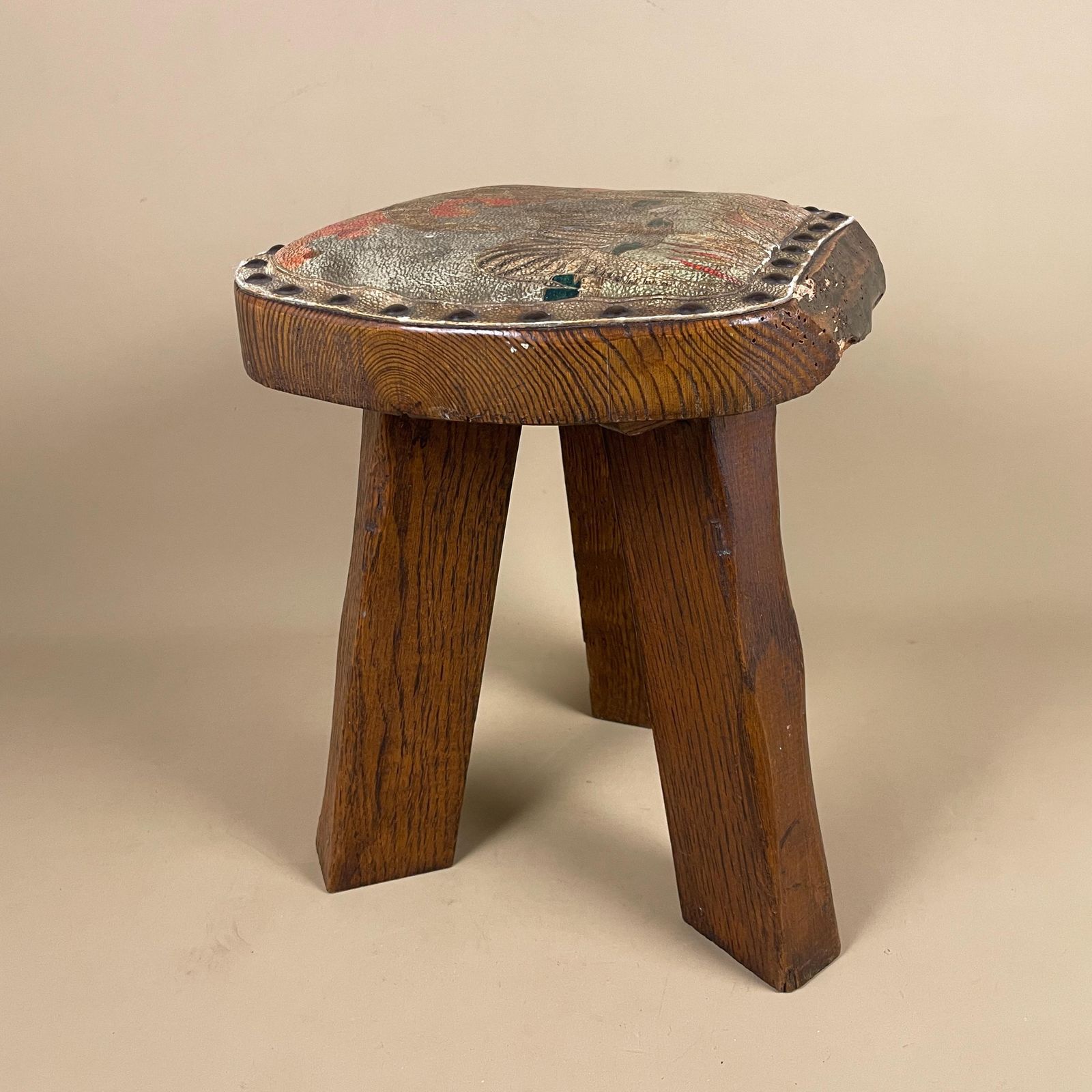 Antique Wooden Foot Stool Wood Furniture Footstool Seat 35x30x28cm Hand Painted Animal Patterned Pattern Leather Studded Studs Old 3 Legs photo buy