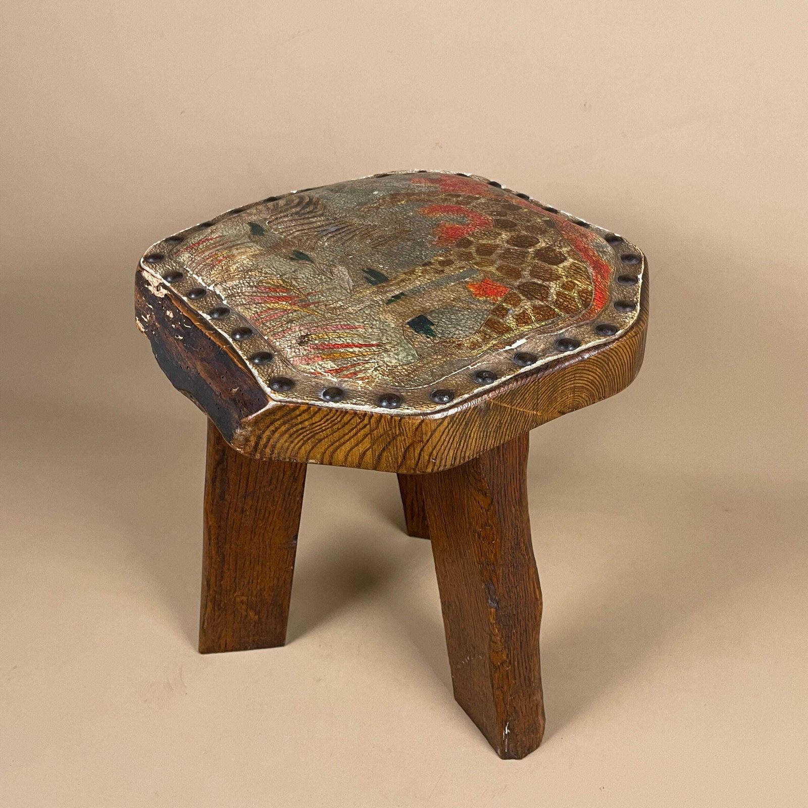 145.0 Antique Wooden Foot Stool Wood Furniture Footstool Seat 35x30x28cm Hand Painted Animal Patterned Pattern Leather Studded Studs Old 3 Legs photo