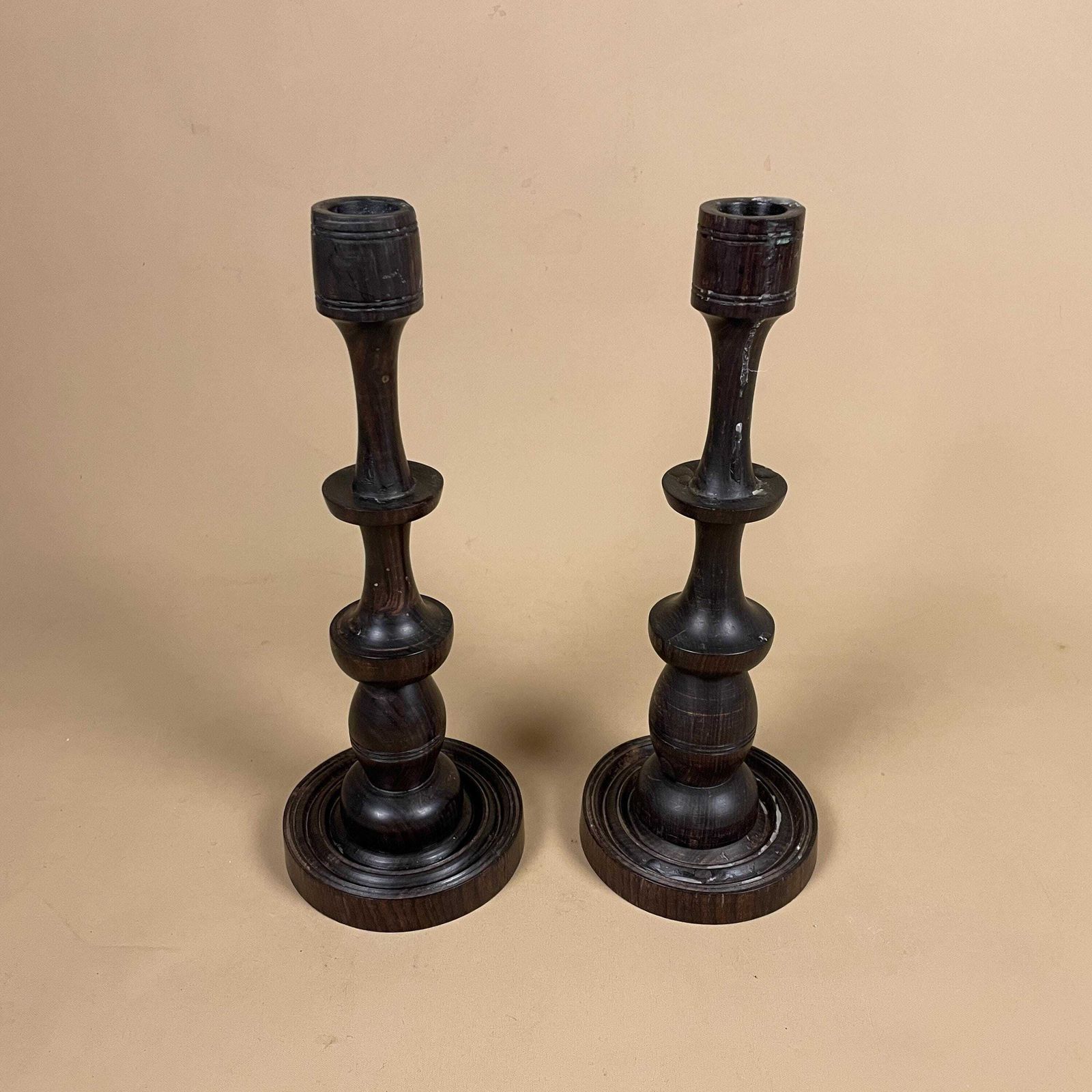 Antique Vintage Matching Pair Wooden Candlestick Candle Stick Vintage Dinner Candlesticks Wood Handmade Cottage Farmhouse Classic Mantle photo for sale