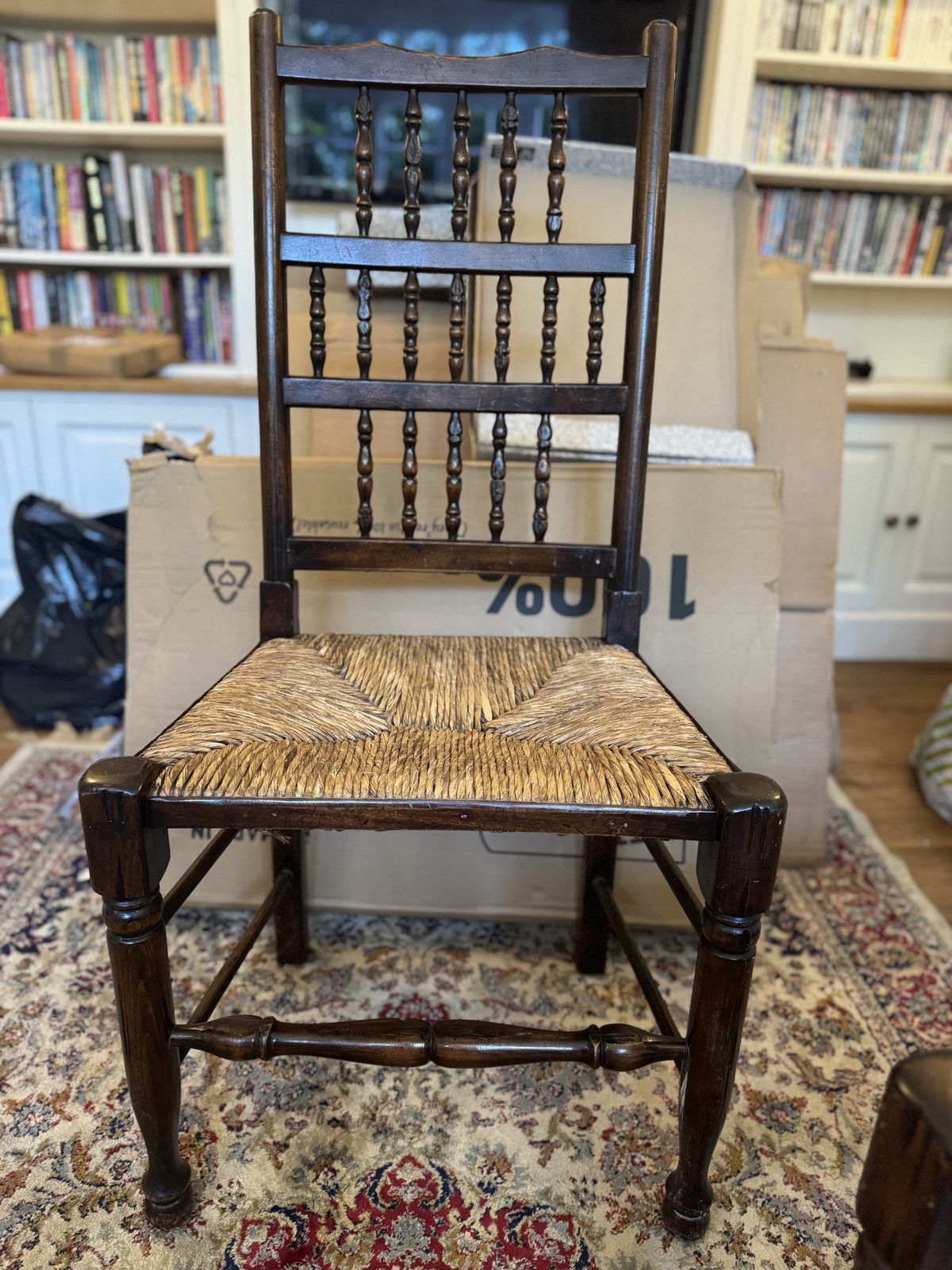 8 Vintage, French Oak, Spindle Back, Rush Seat Farmhouse Chairs photo for sale