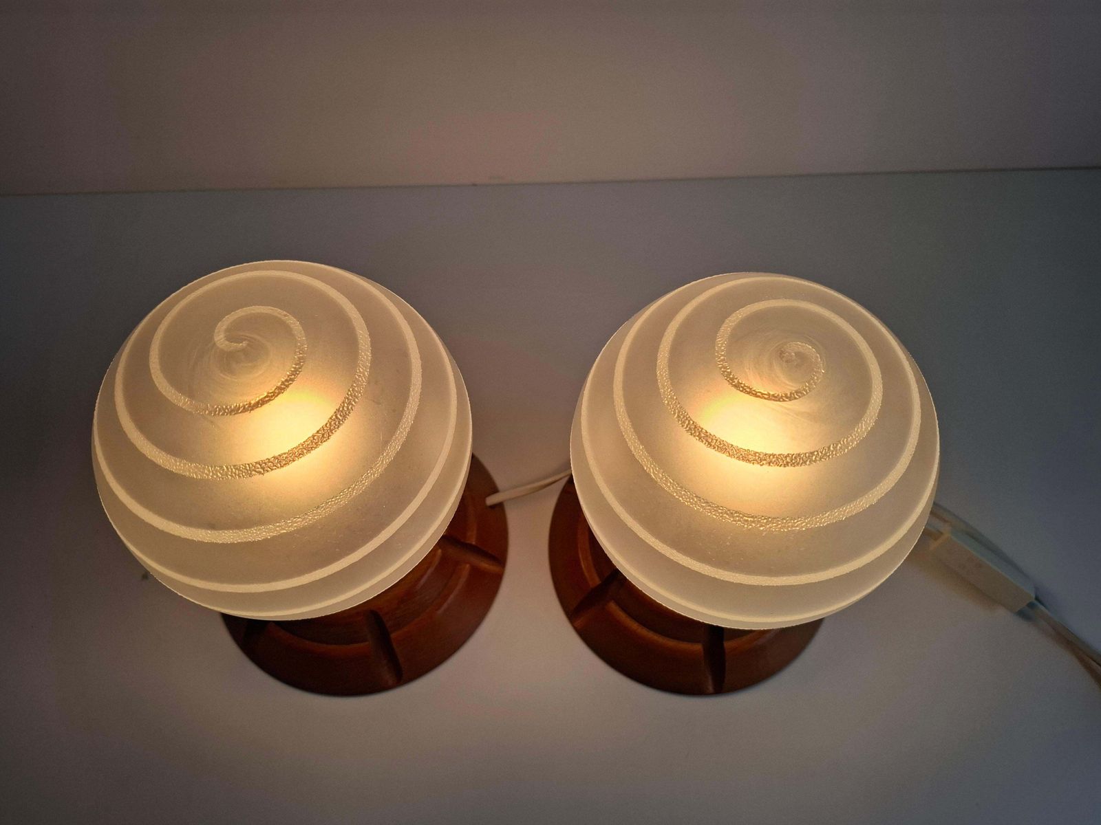 Pair Of Mid Century Czech Wood And Frosted Glass Table Lamps, 1990 photo for sale