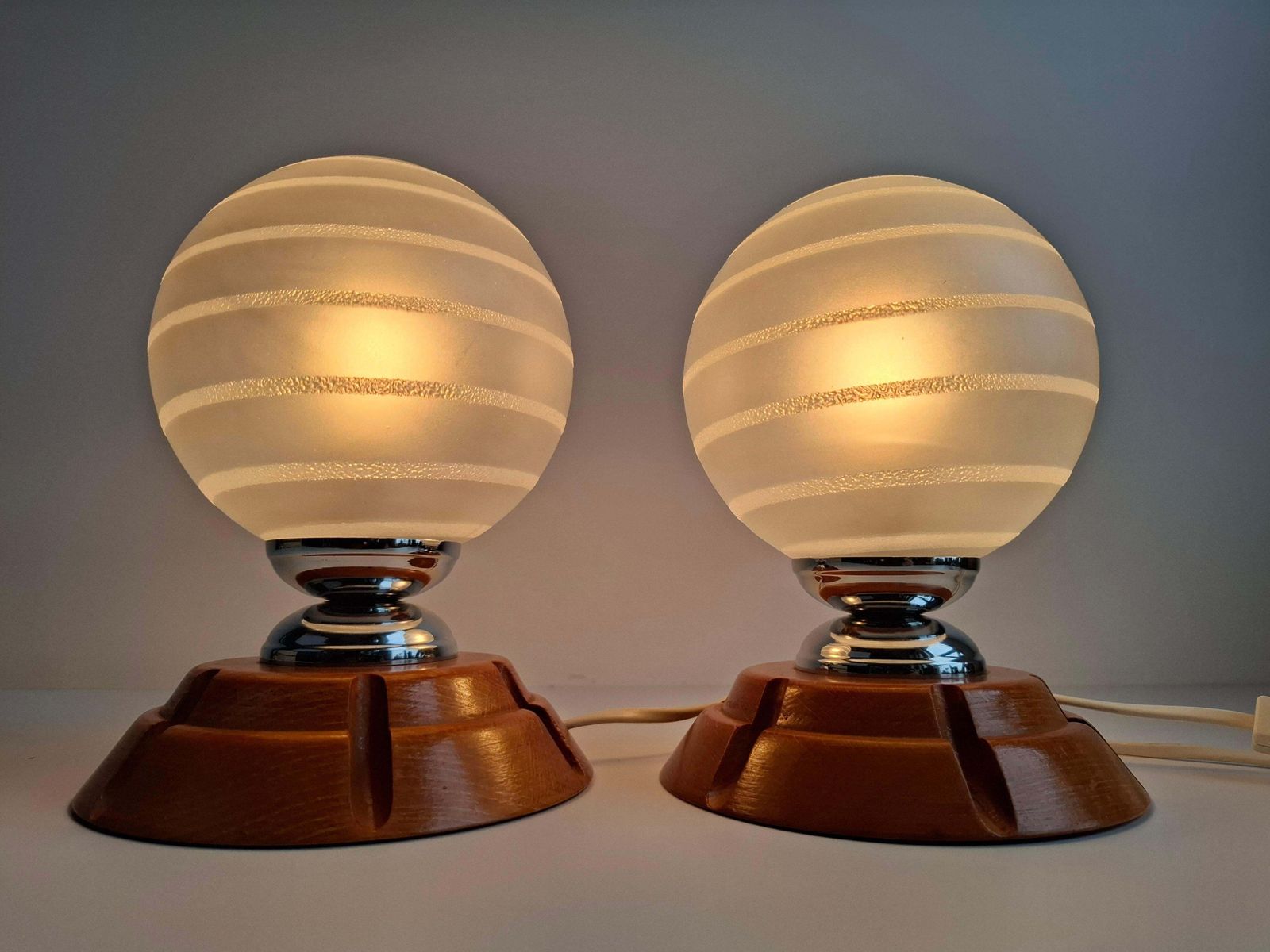 Pair Of Mid Century Czech Wood And Frosted Glass Table Lamps, 1990 photo Lighting