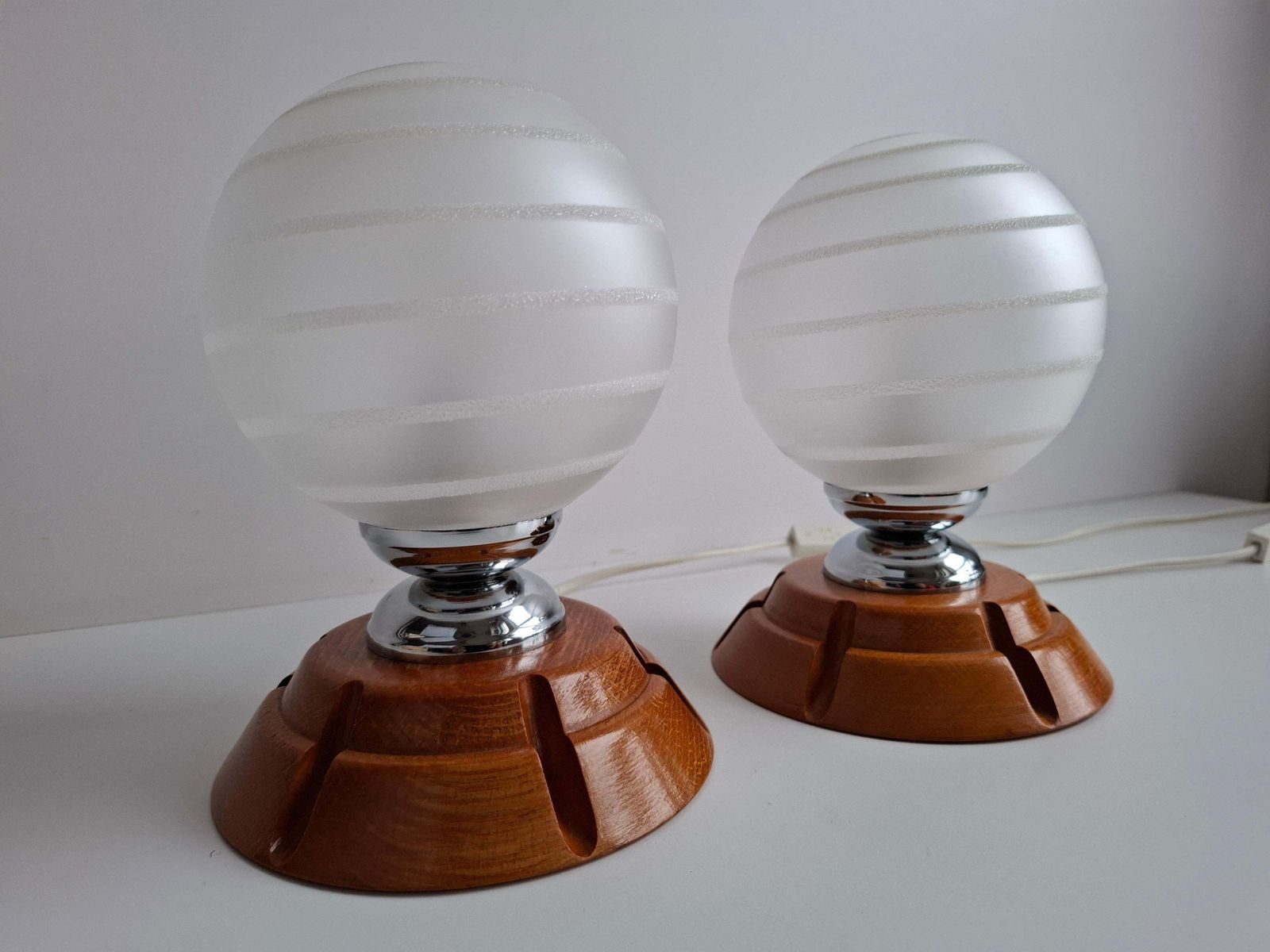 Pair Of Mid Century Czech Wood And Frosted Glass Table Lamps, 1990 photo vintage