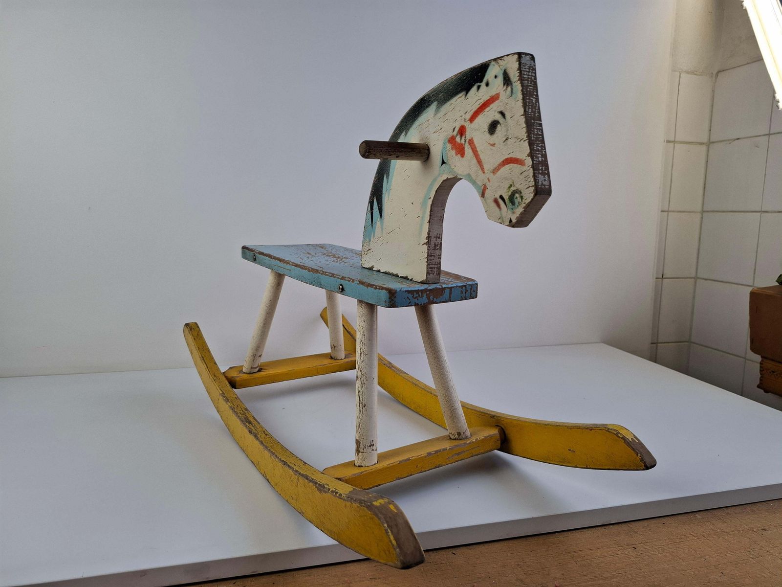 photo vinterior Mid Century Czechoslovak Wooden Rocking Horse, Hand Painted, 1960s
